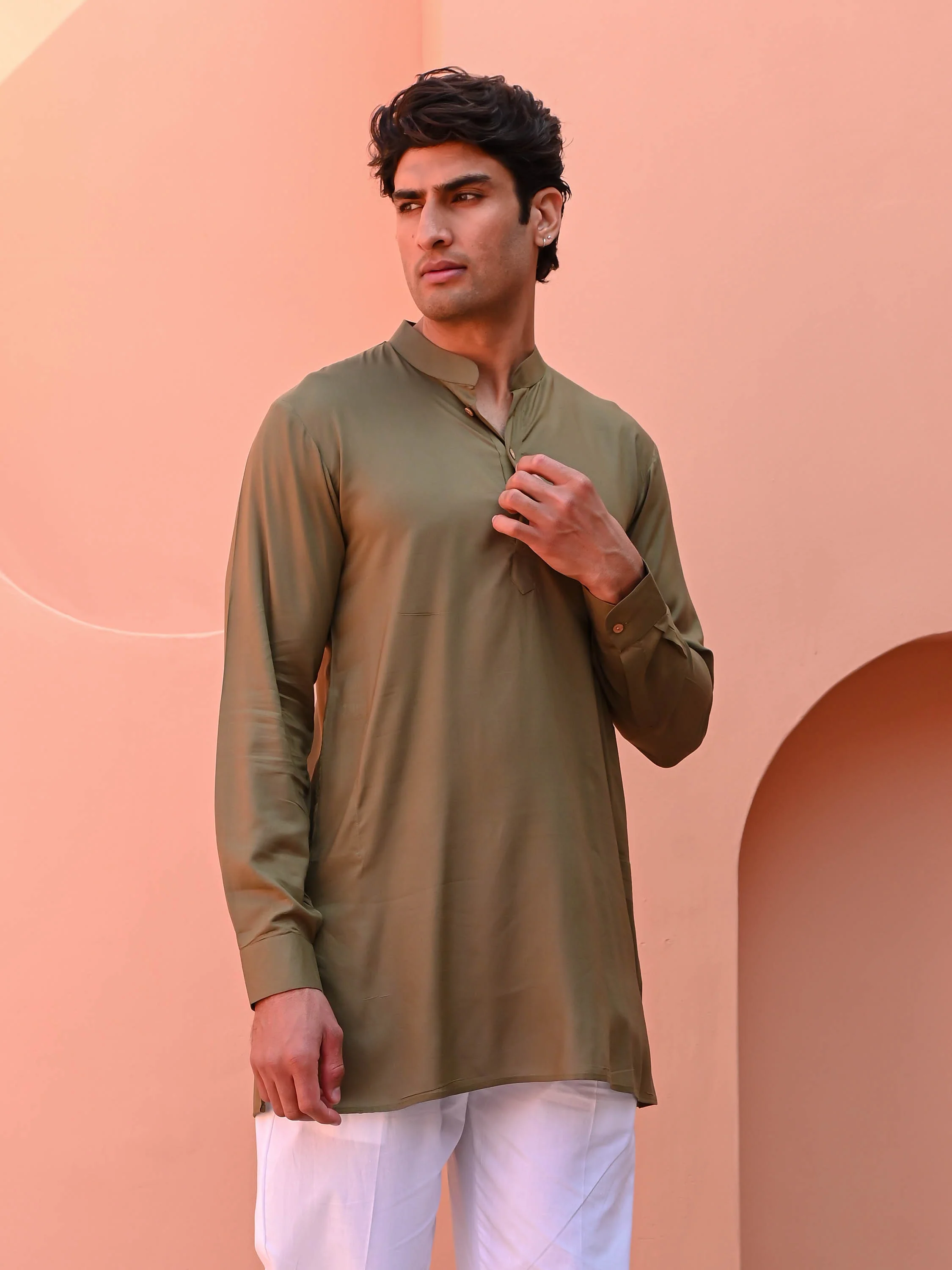 Rust Olive Men Short Kurta - Woolfily
