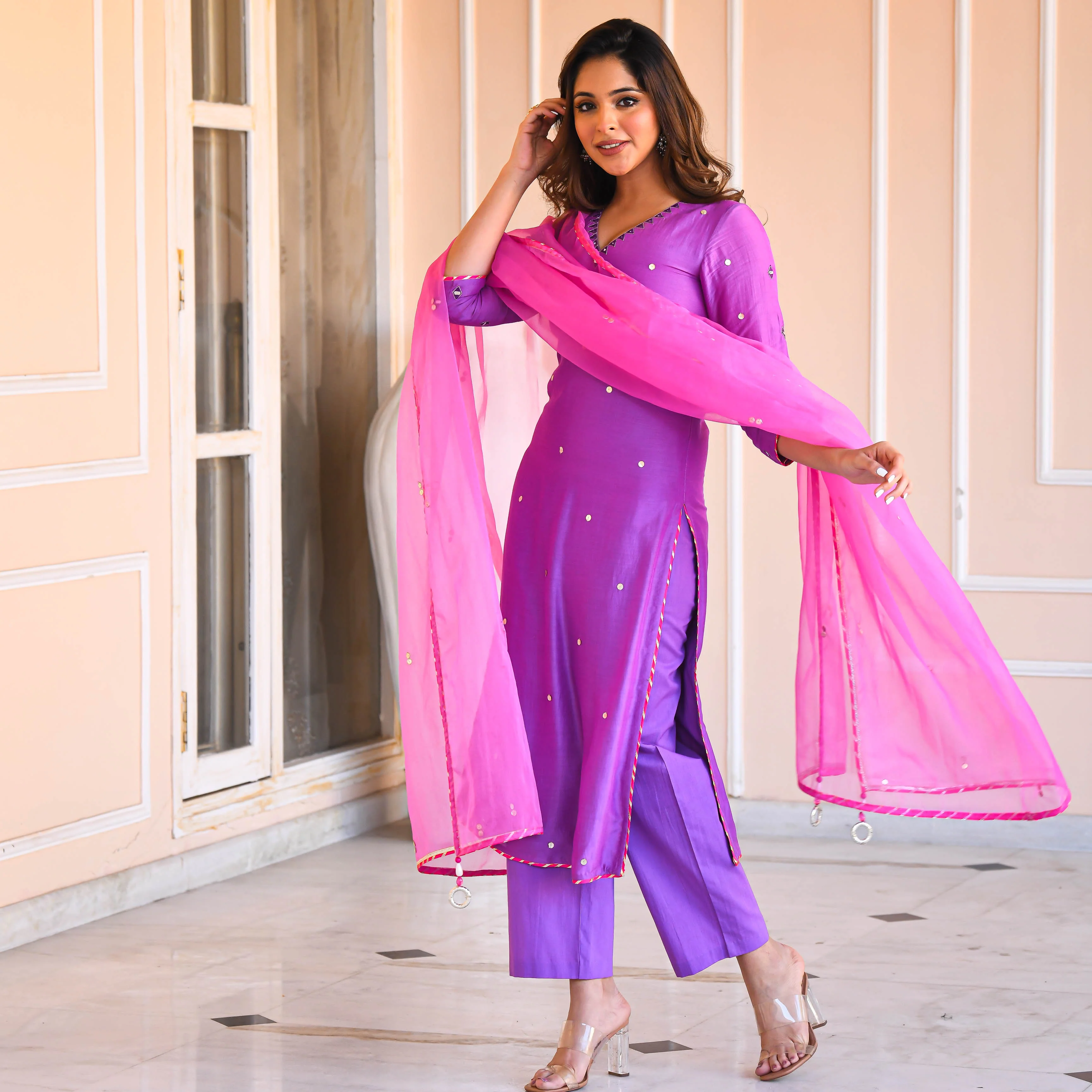 Bunaai Purple Mirror Work Suit Set - Woolfily