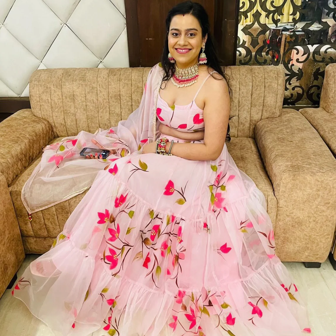 Bunaai Baby Pink Handpainted Lehenga Set - Woolfily