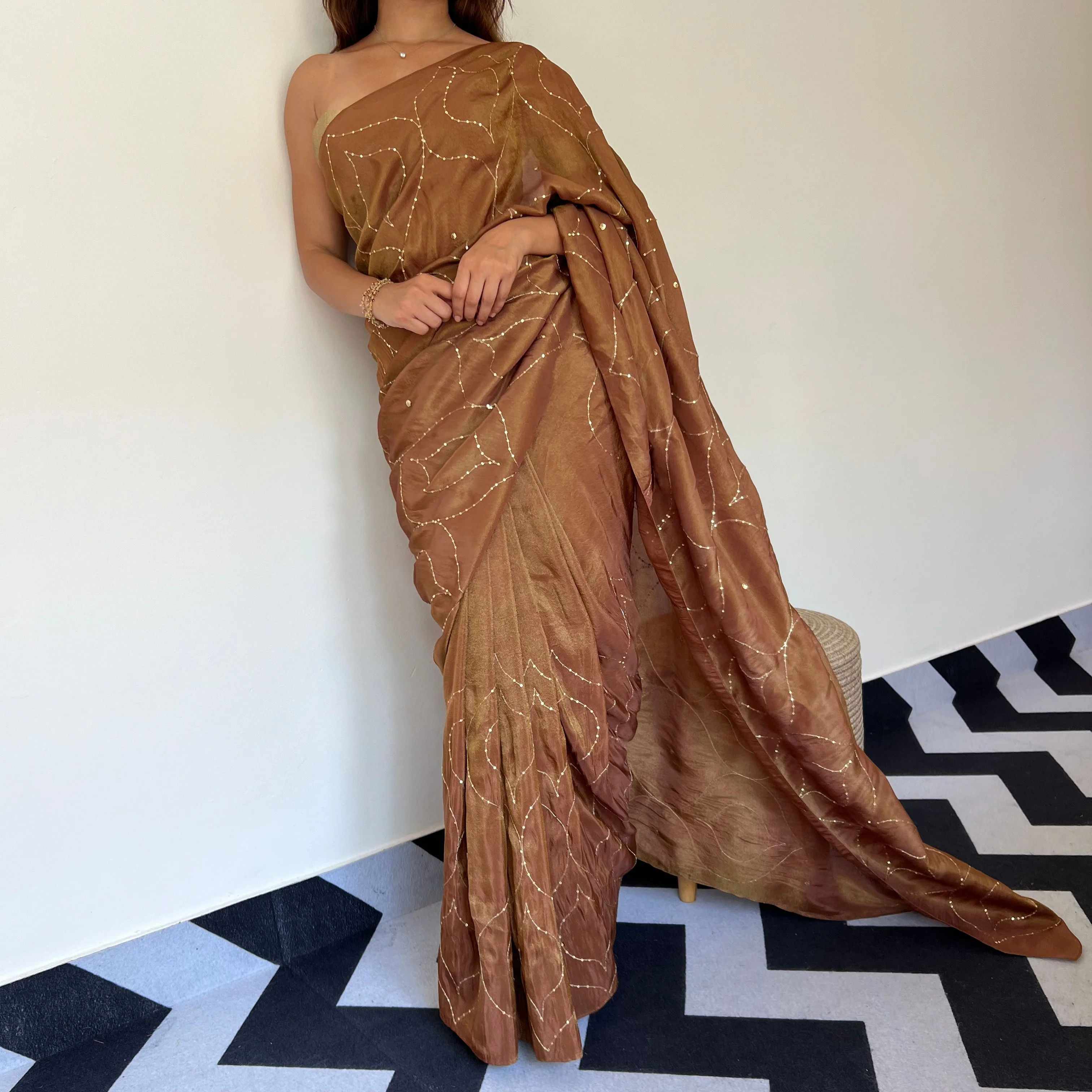 Coffee Caramel Tissue Saree - Woolfily