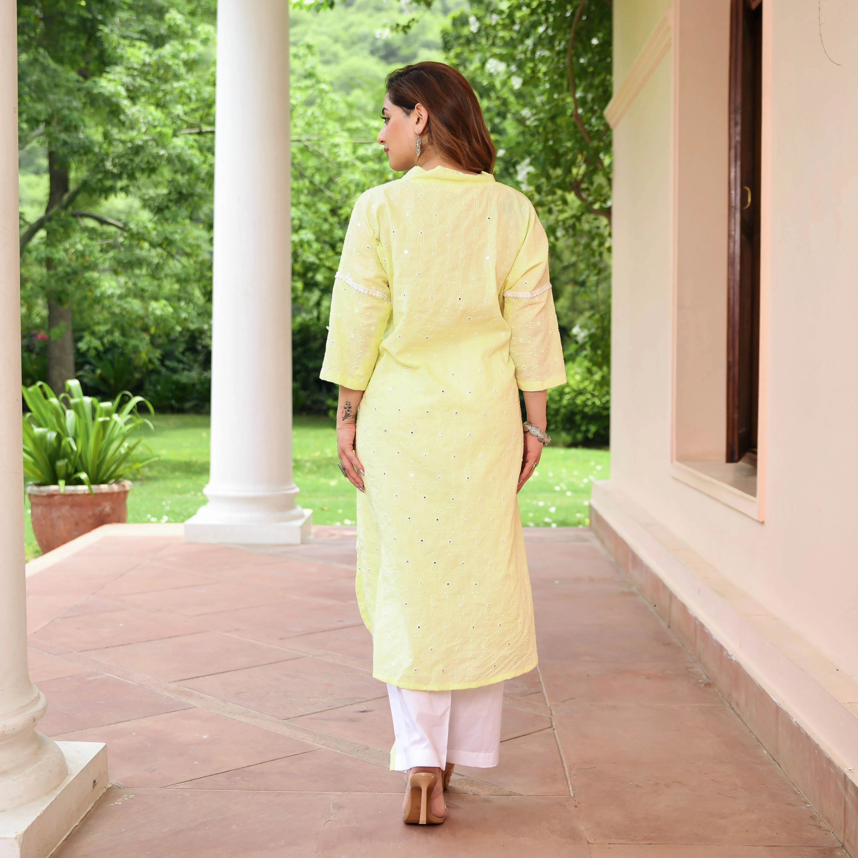 Yellow Embroidered Cotton Kurta Pants - Woolfily
