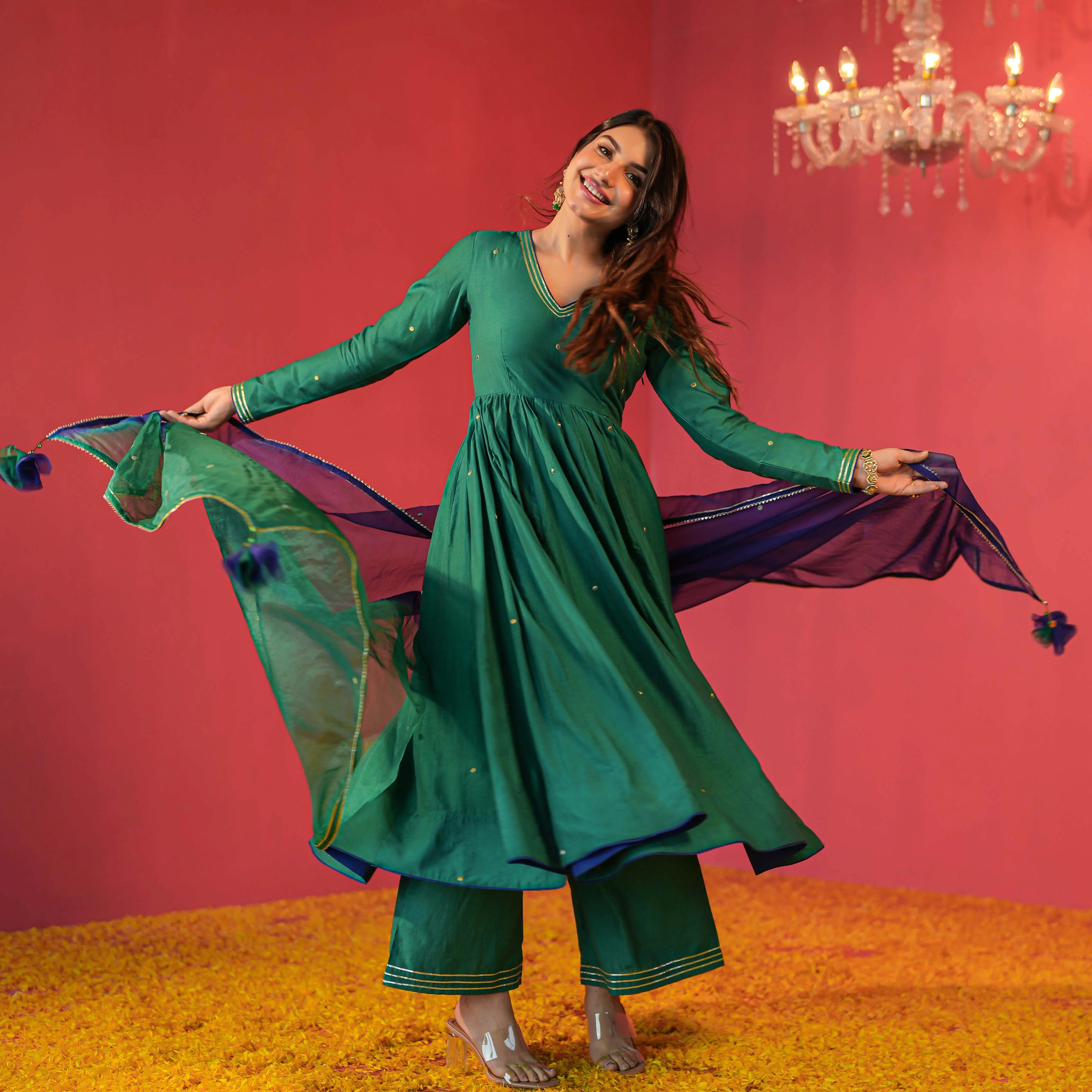 Green Chanderi Suit with Organza Dupatta - Woolfily
