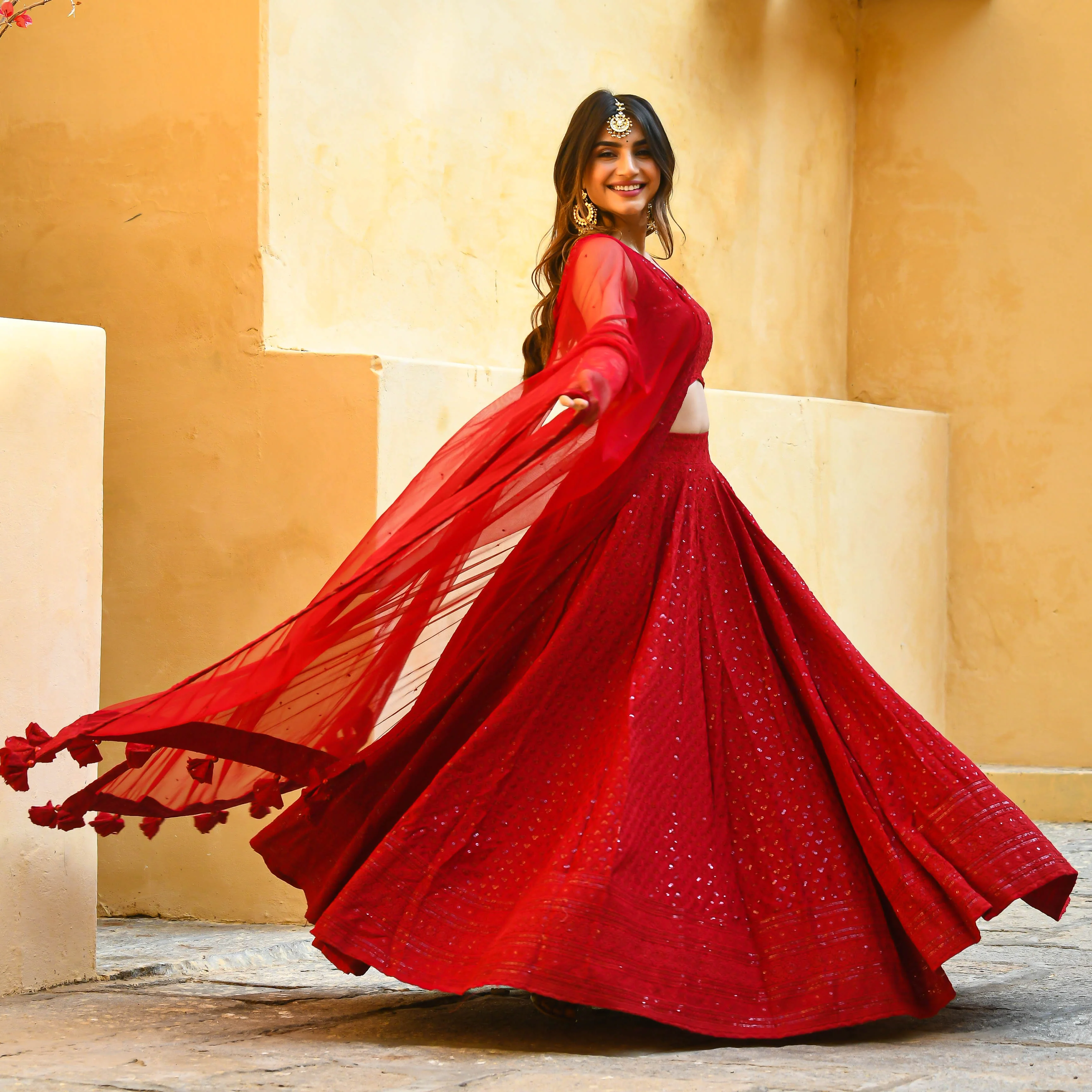 Bunaai Maroon Chikankari Lehenga Set - Woolfily