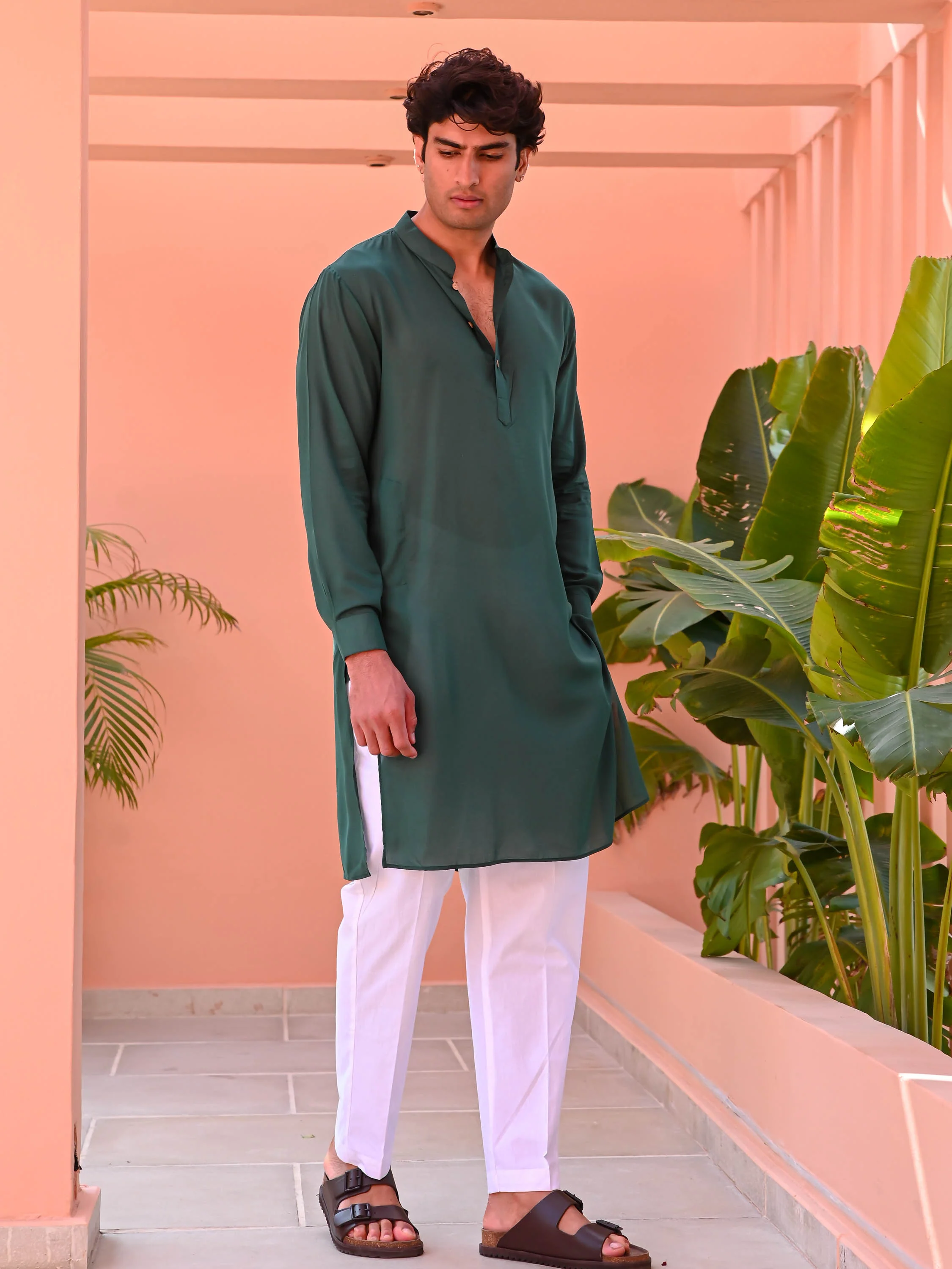 Dark Green Men Long Kurta - Woolfily