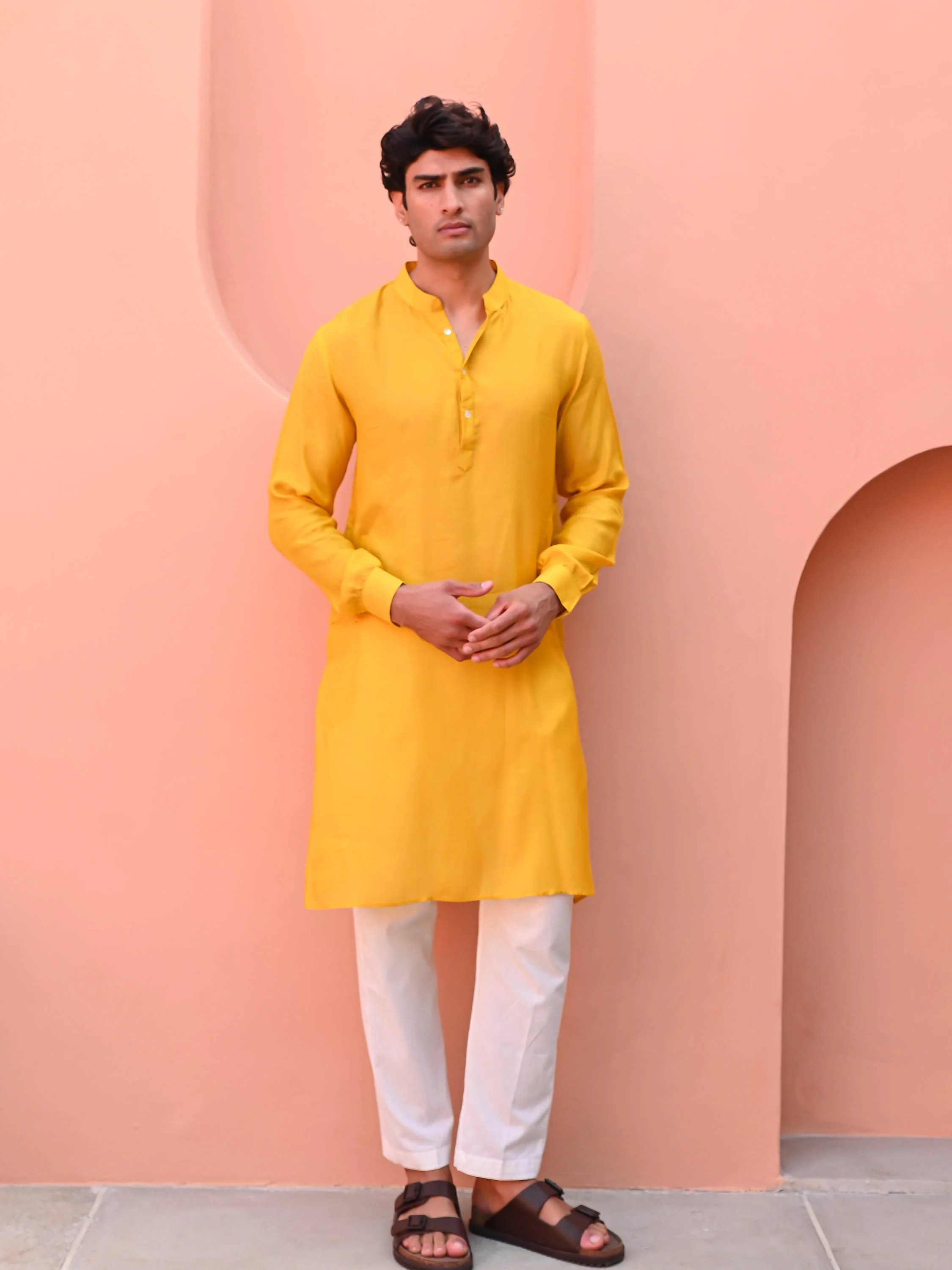 Bright Yellow Men Long Kurta - Woolfily
