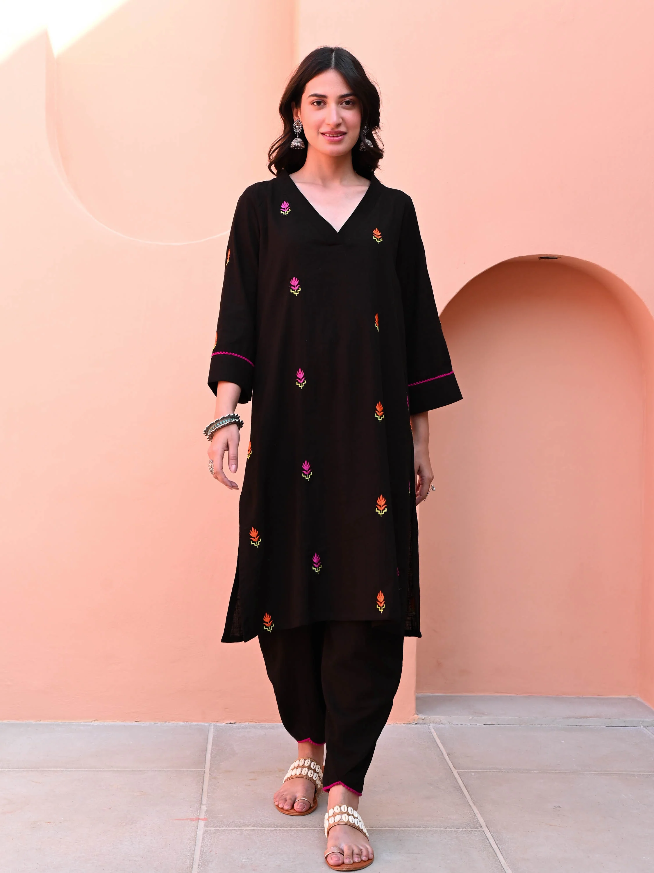 Black Embroidered Cotton Co-ord Set - Woolfily