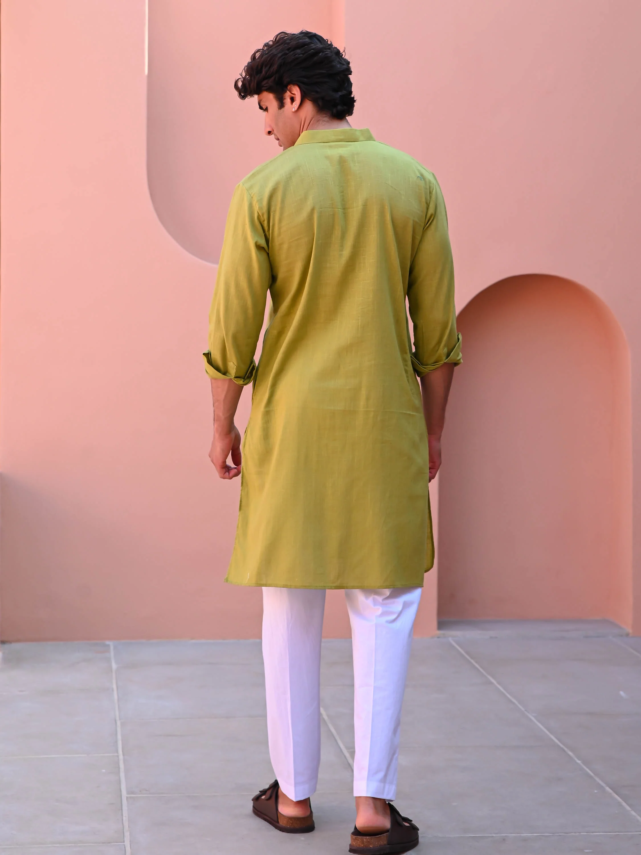 Ligh Olive Men Long Kurta - Woolfily