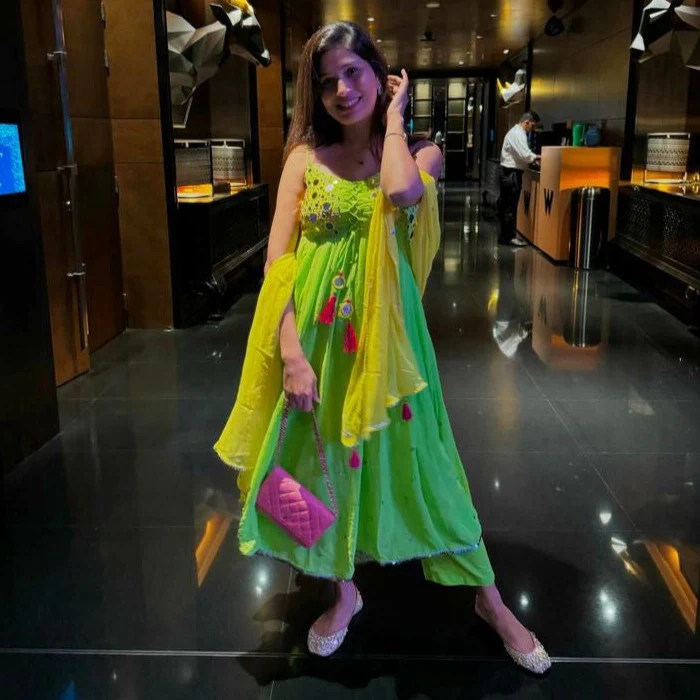 Bunaai Yellow Green Mirror Work Suit Set - Woolfily