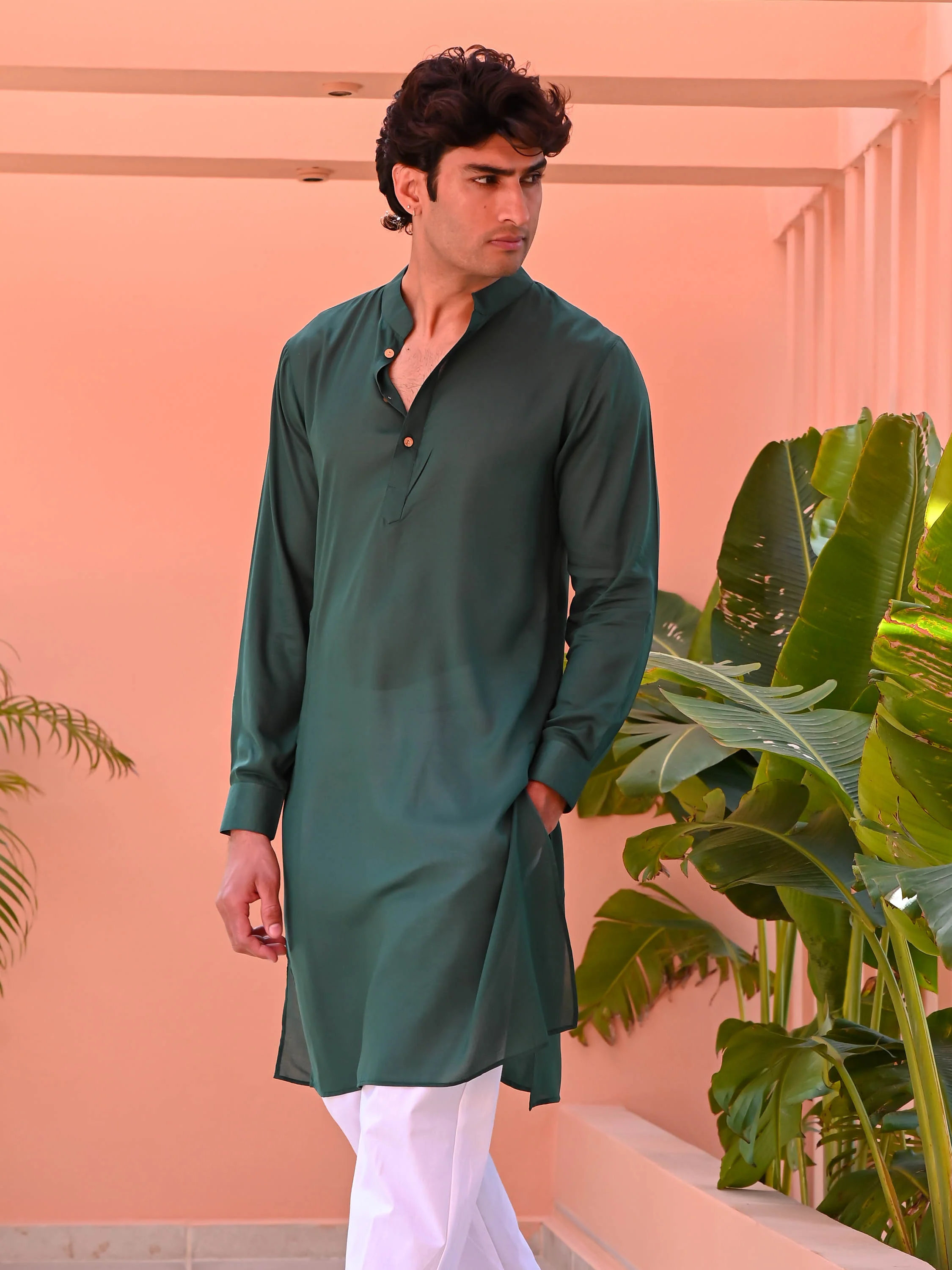 Dark Green Men Long Kurta - Woolfily