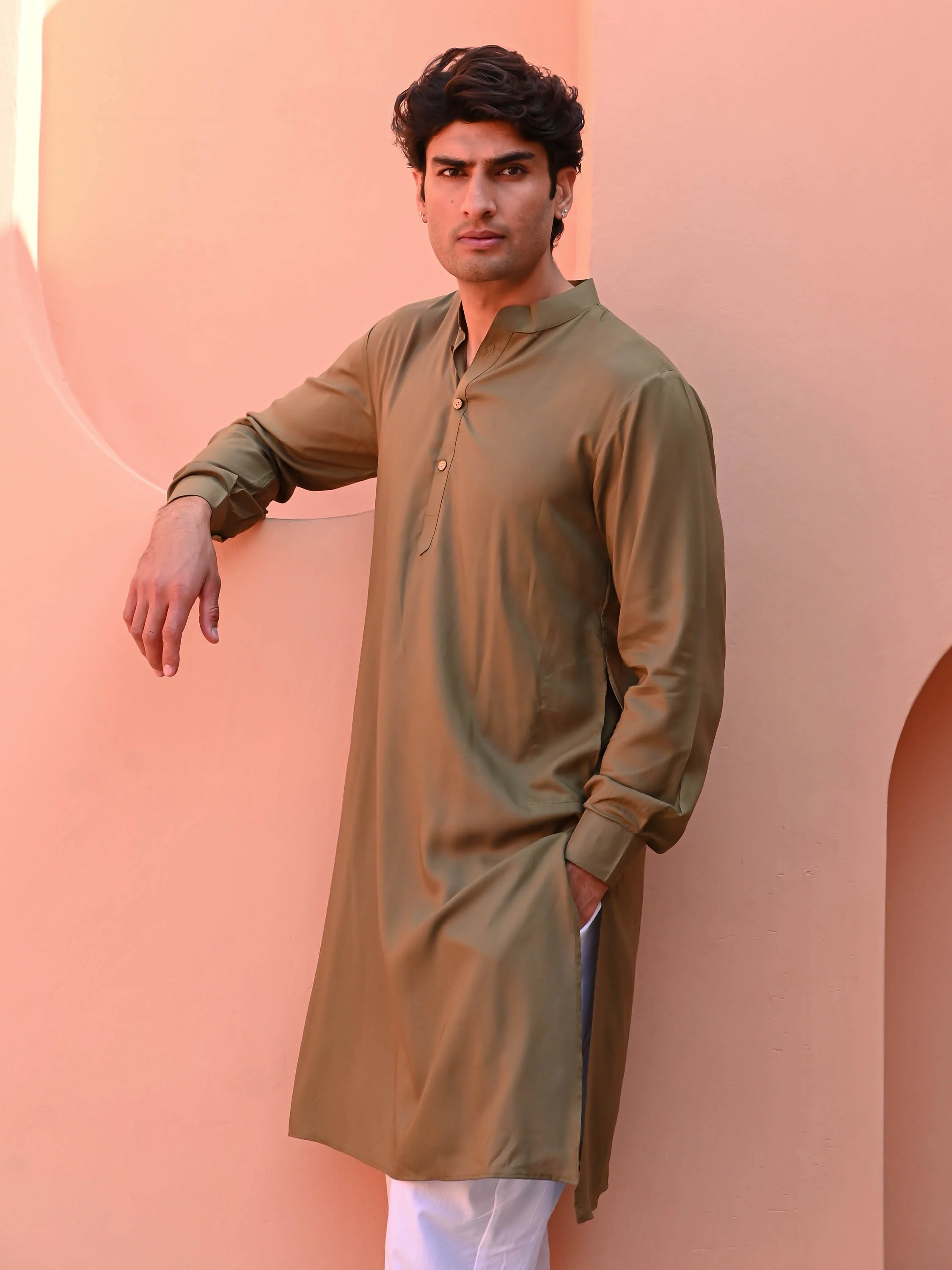 Dark Olive Men Long Kurta - Woolfily