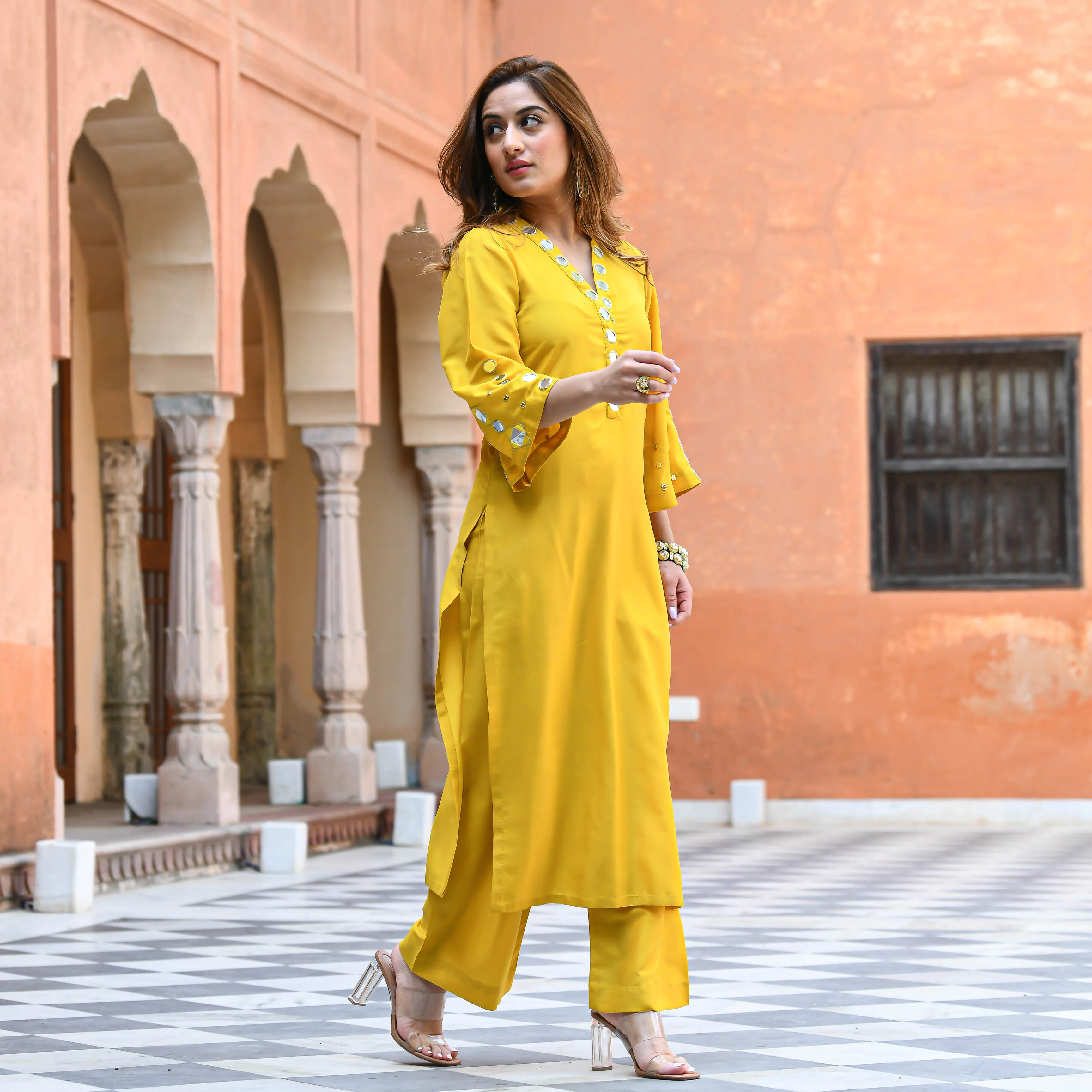Bunaai Yellow Mirror Work Kurta Pants - Woolfily