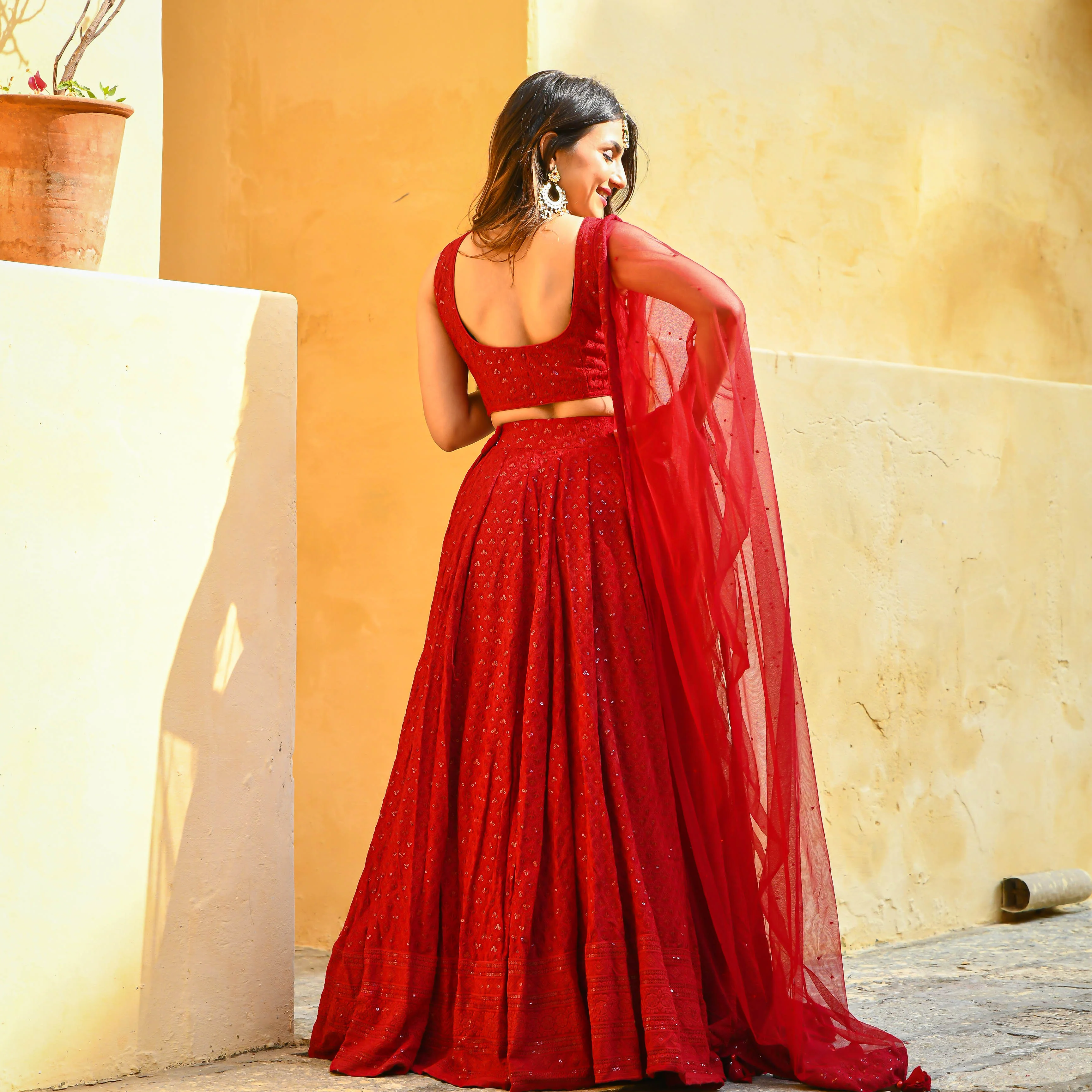 Bunaai Maroon Chikankari Lehenga Set - Woolfily