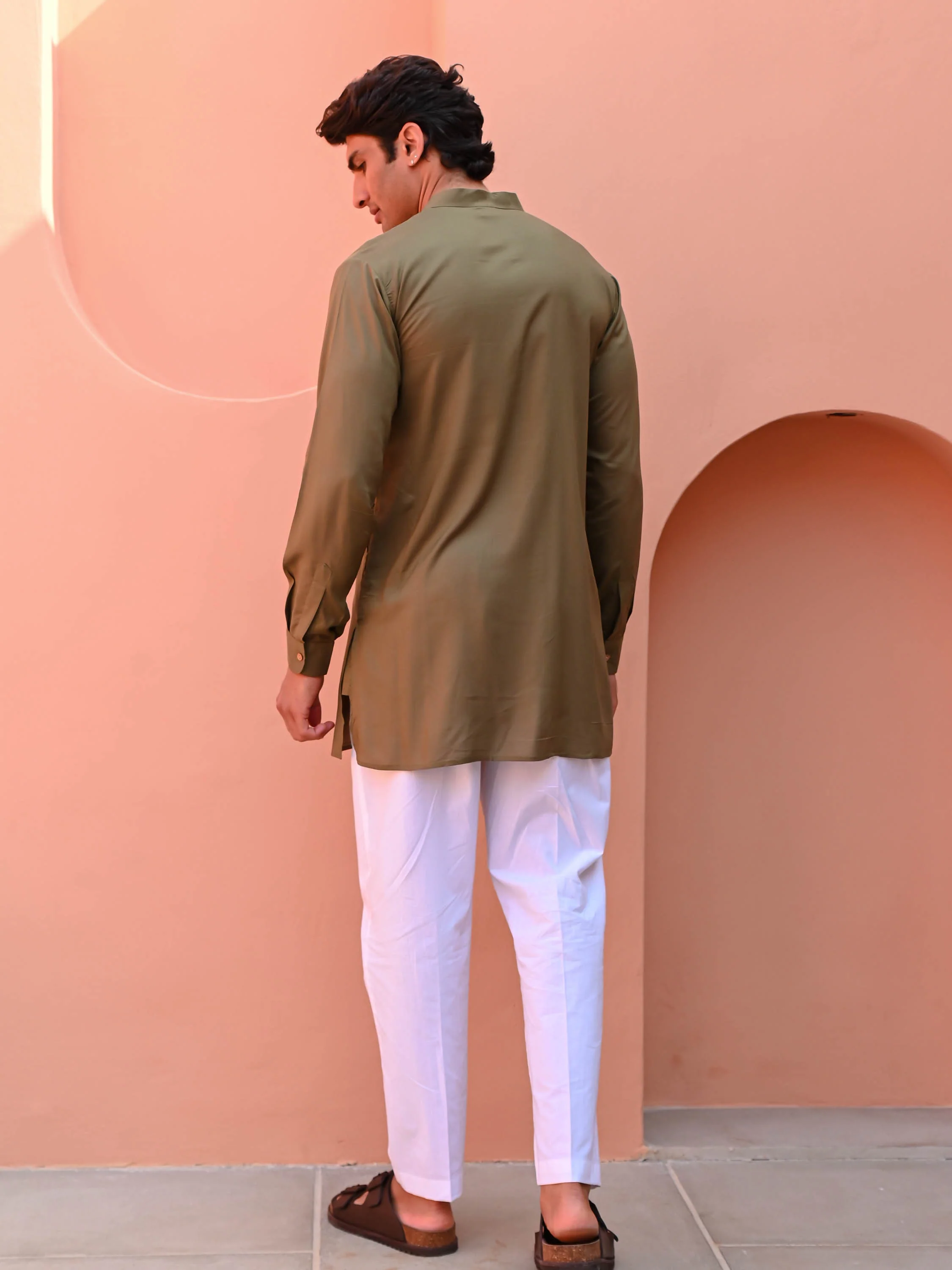 Rust Olive Men Short Kurta - Woolfily