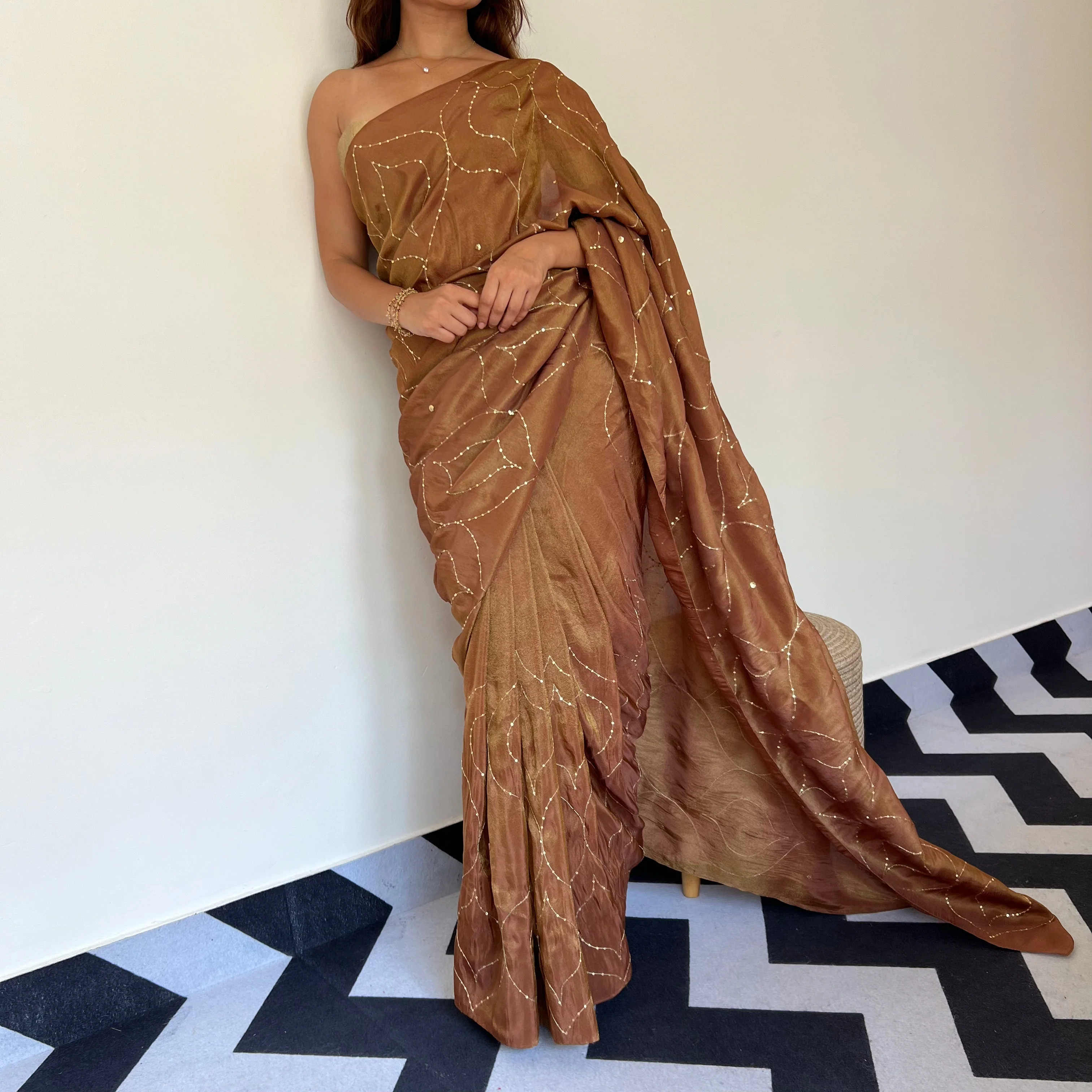 Coffee Caramel Tissue Saree - Woolfily