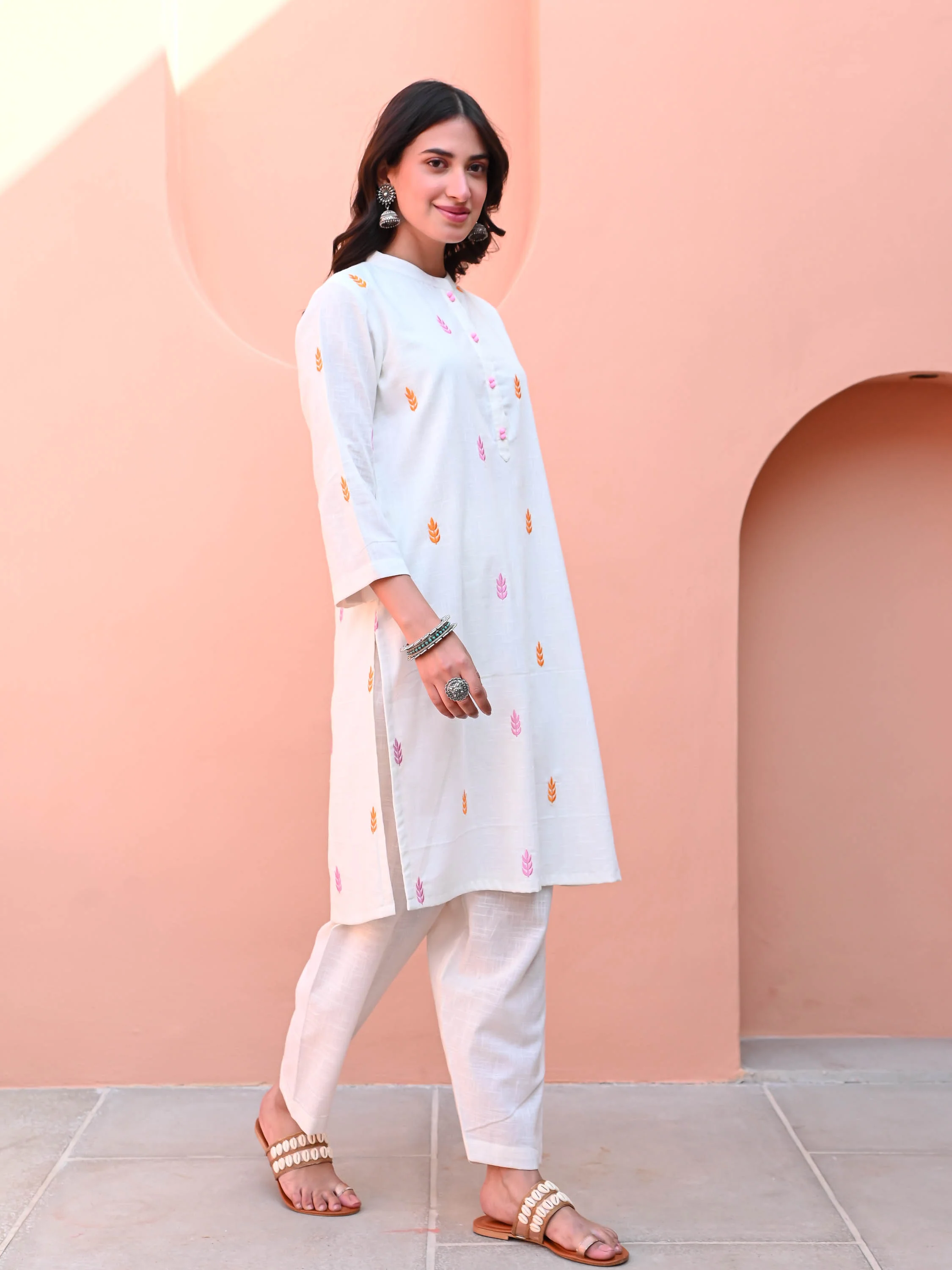 White Motif Embroidery Kurta Set - Woolfily