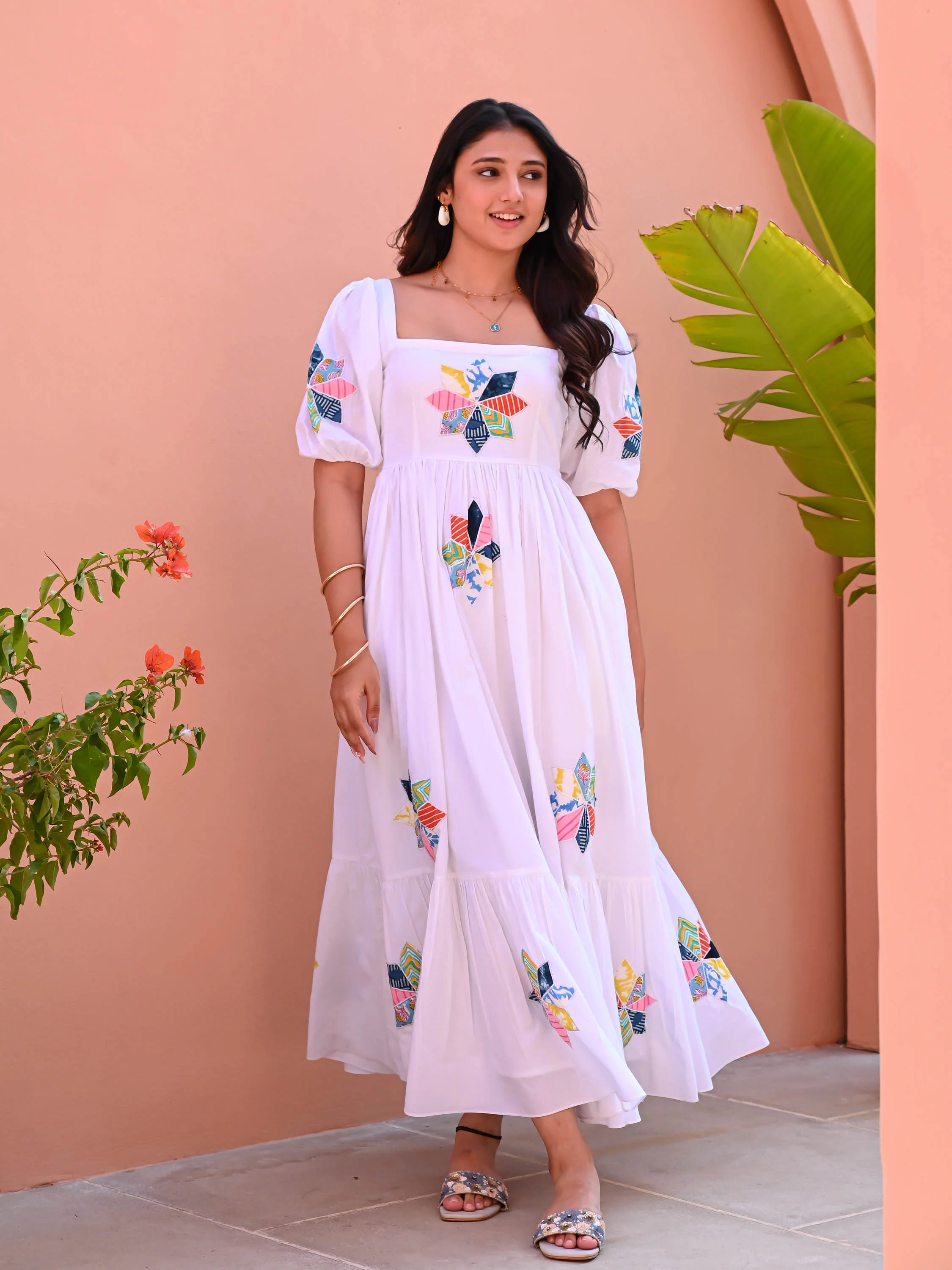 White Flower Patch Cotton Dress - Woolfily