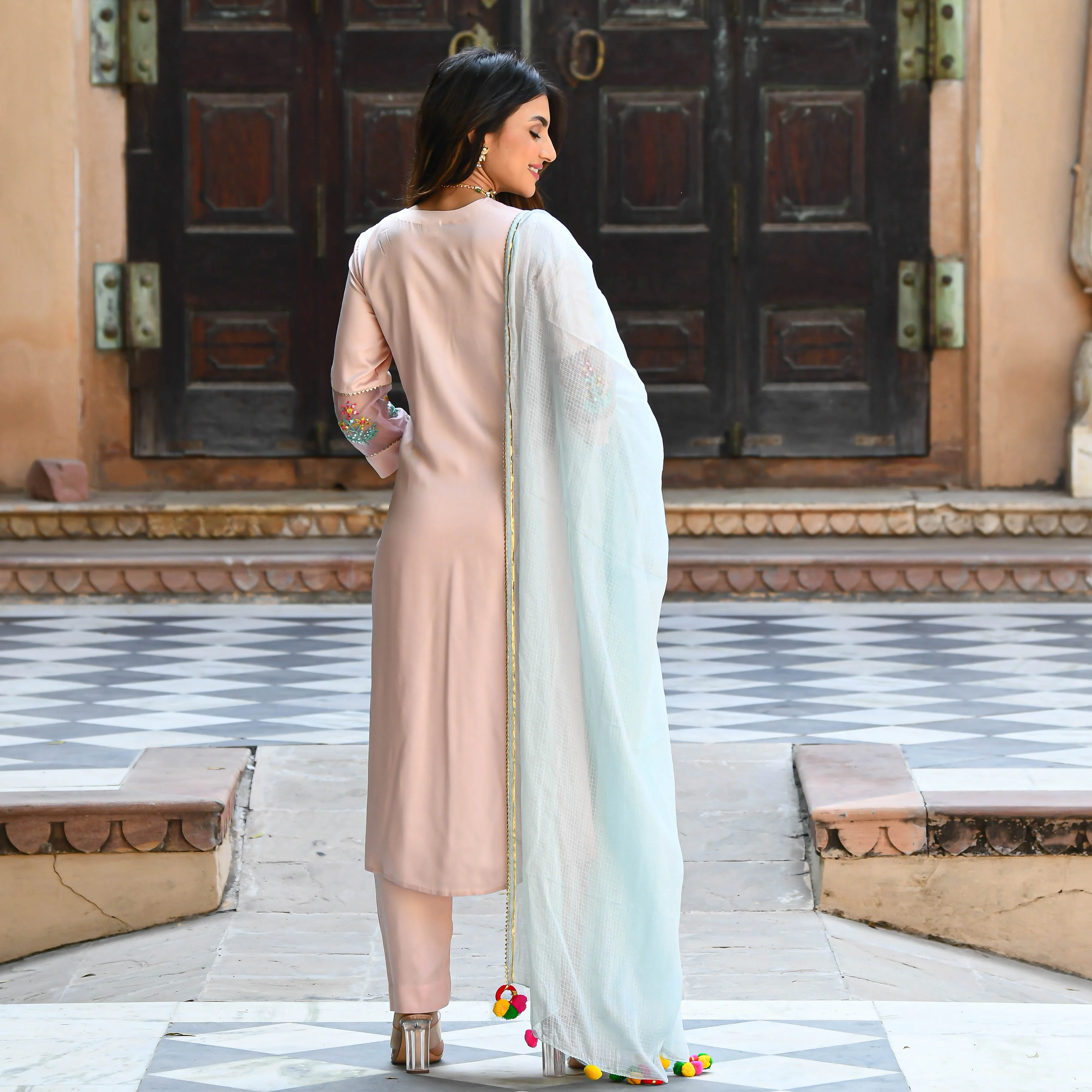 Baby Blue Pink Embroidered Salwar Suit - Woolfily