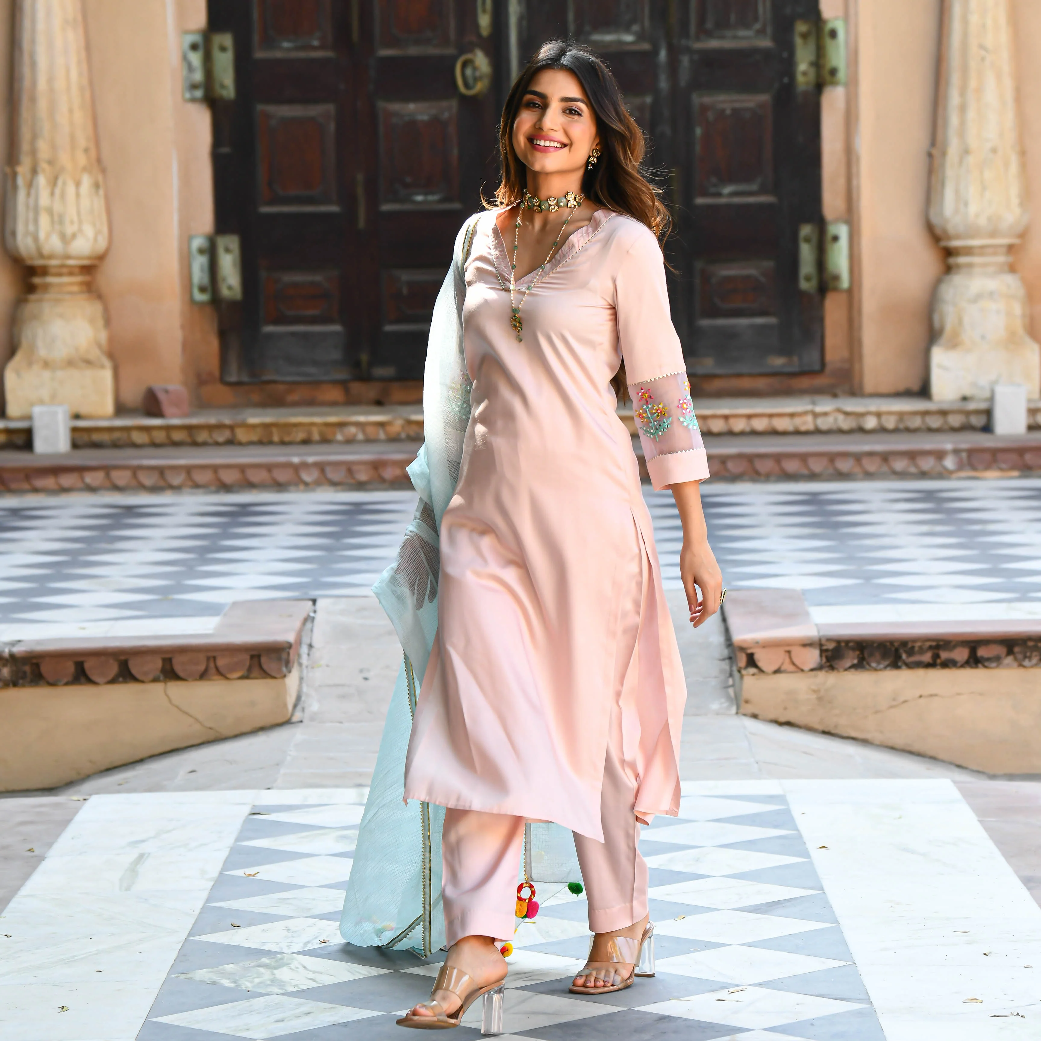 Baby Blue Pink Embroidered Salwar Suit - Woolfily