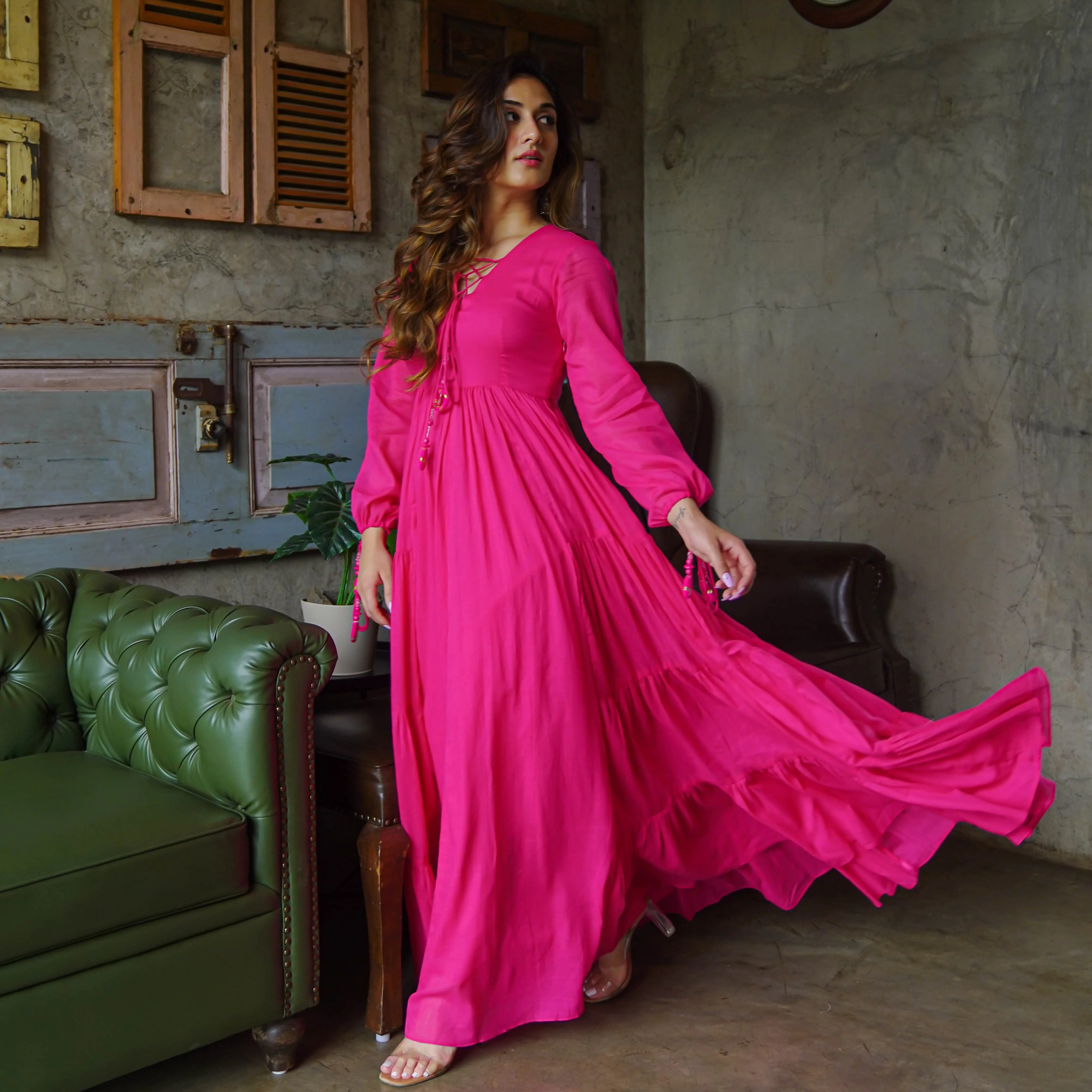 Bunaai Hot Pink Cotton Maxi Dress - Woolfily