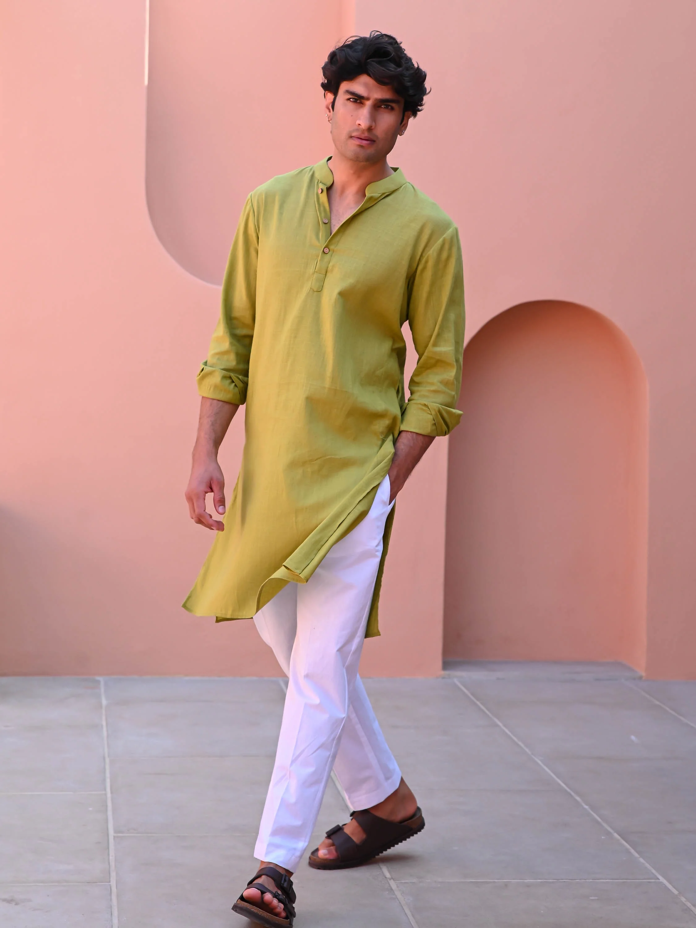 Ligh Olive Men Long Kurta - Woolfily