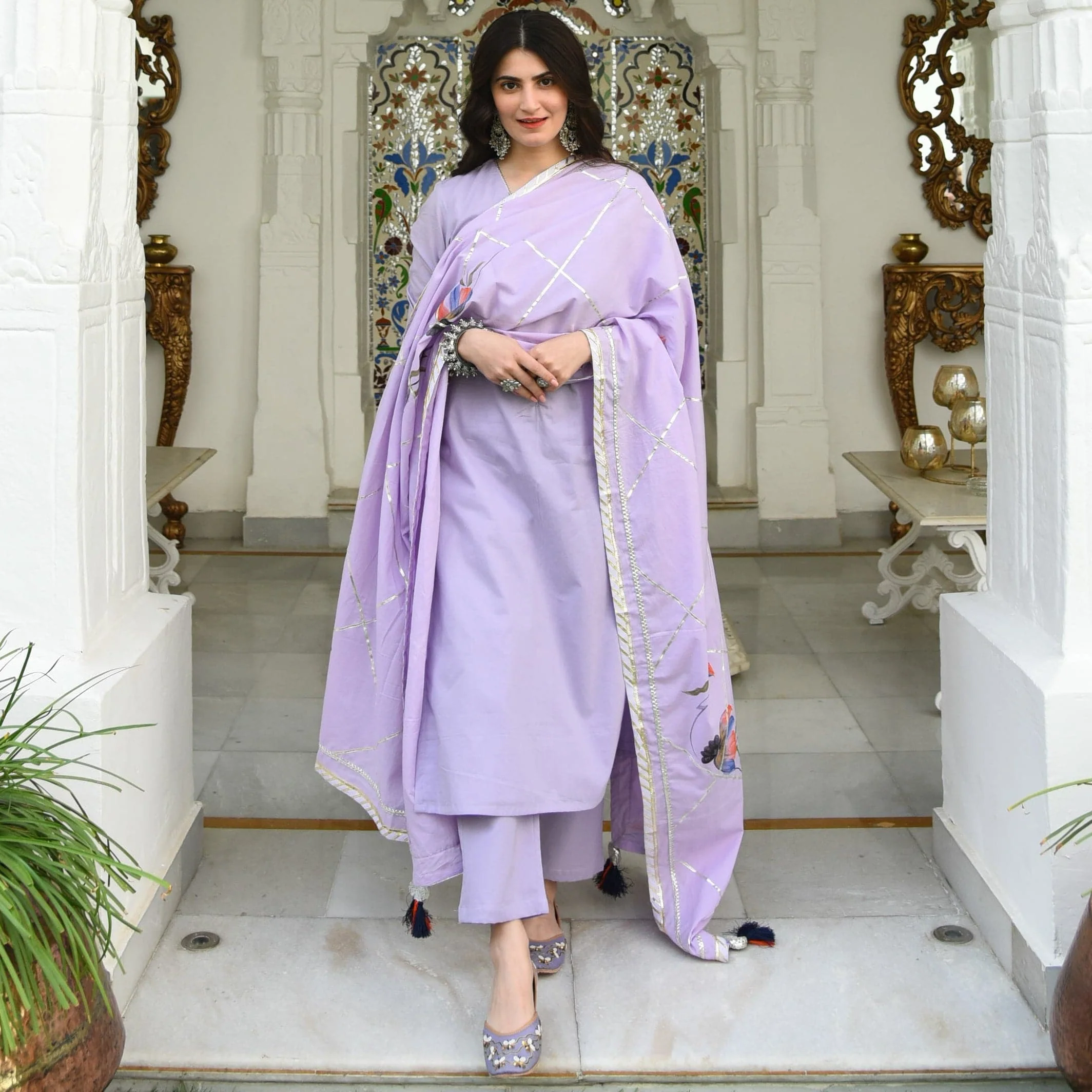 Bunaai Lilac Handpainted Dupatta Suit Set (Set of 3) - Woolfily