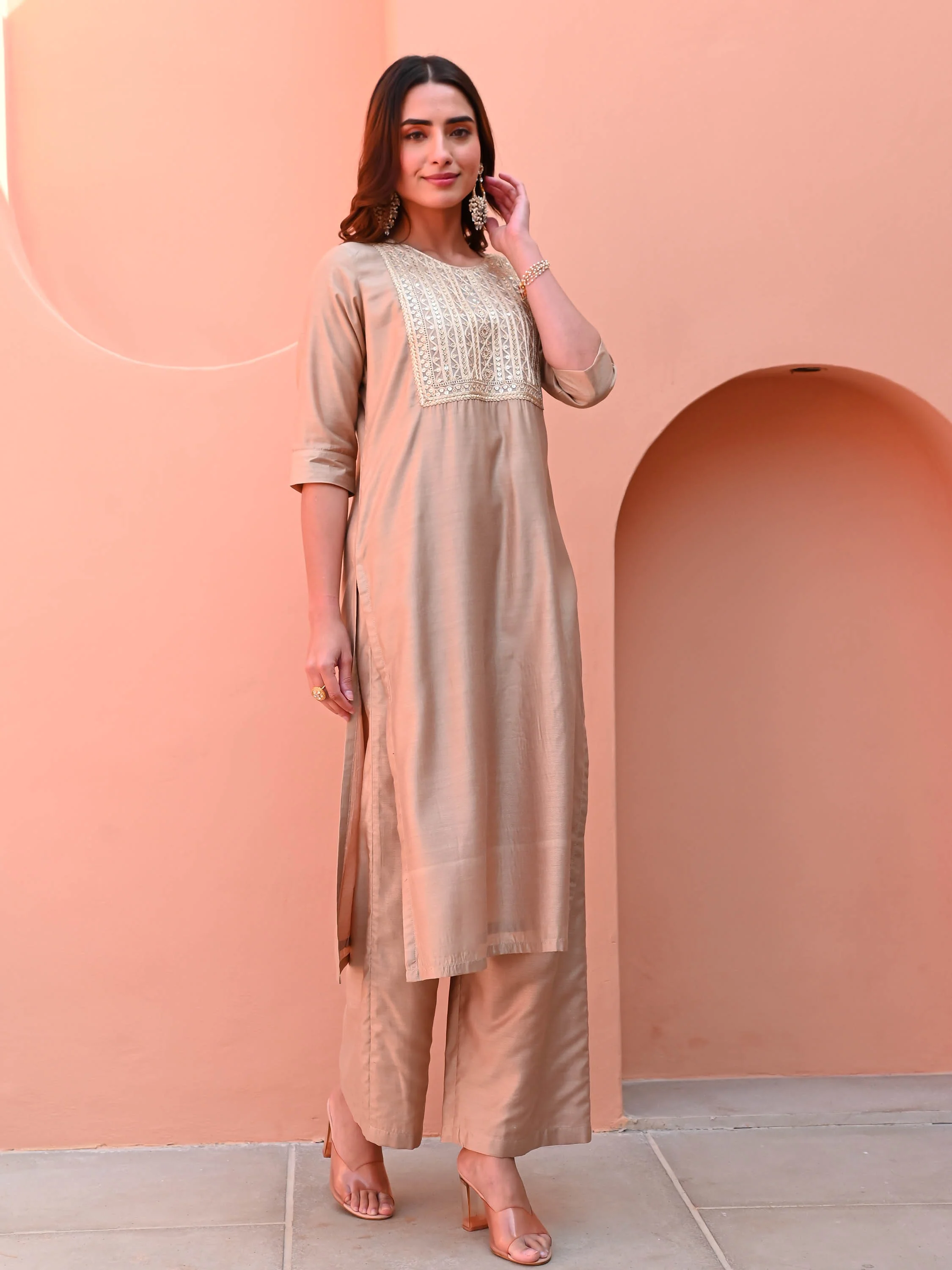 Beige Silk Kurta Set - Woolfily