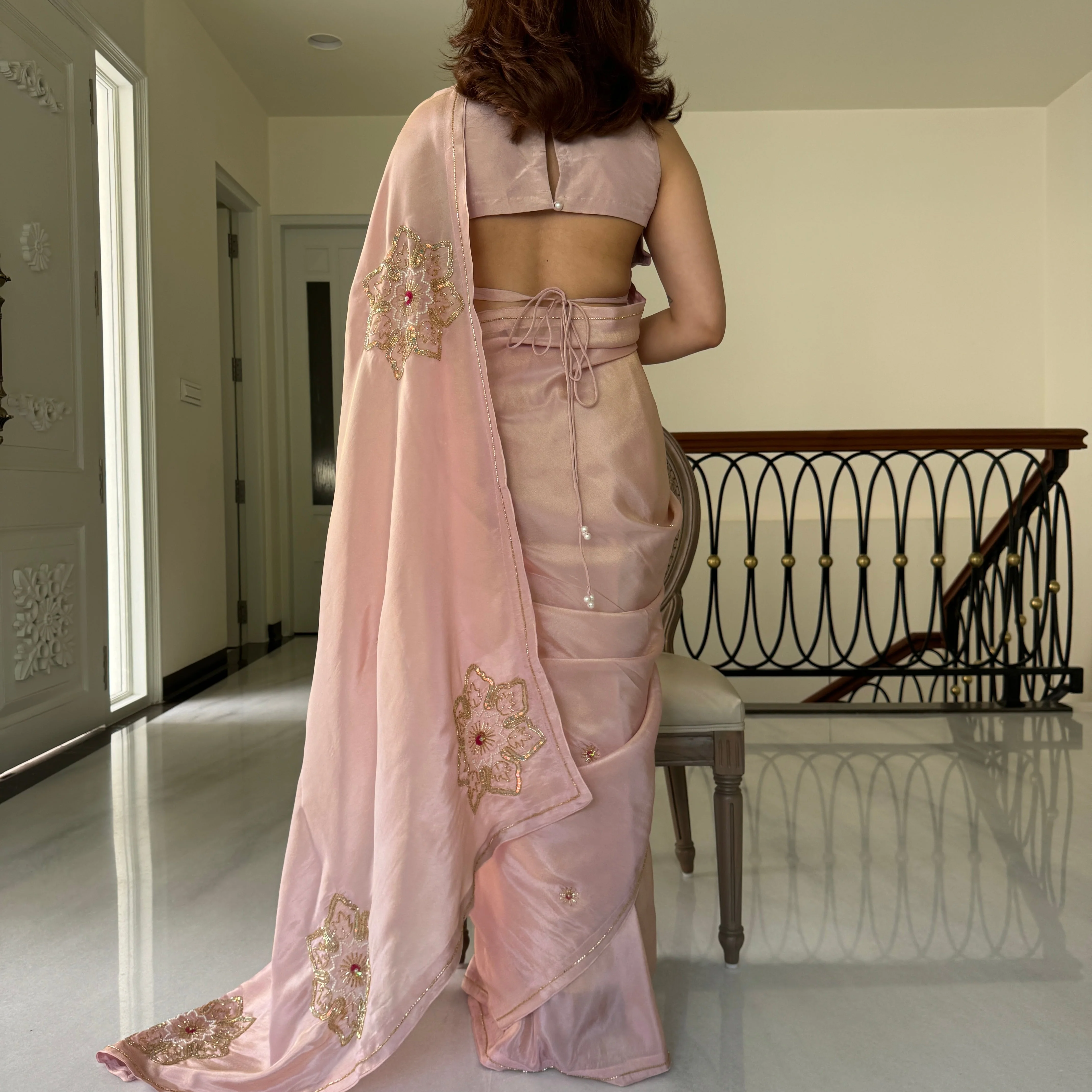 Blush Pink Tissue Saree - Woolfily