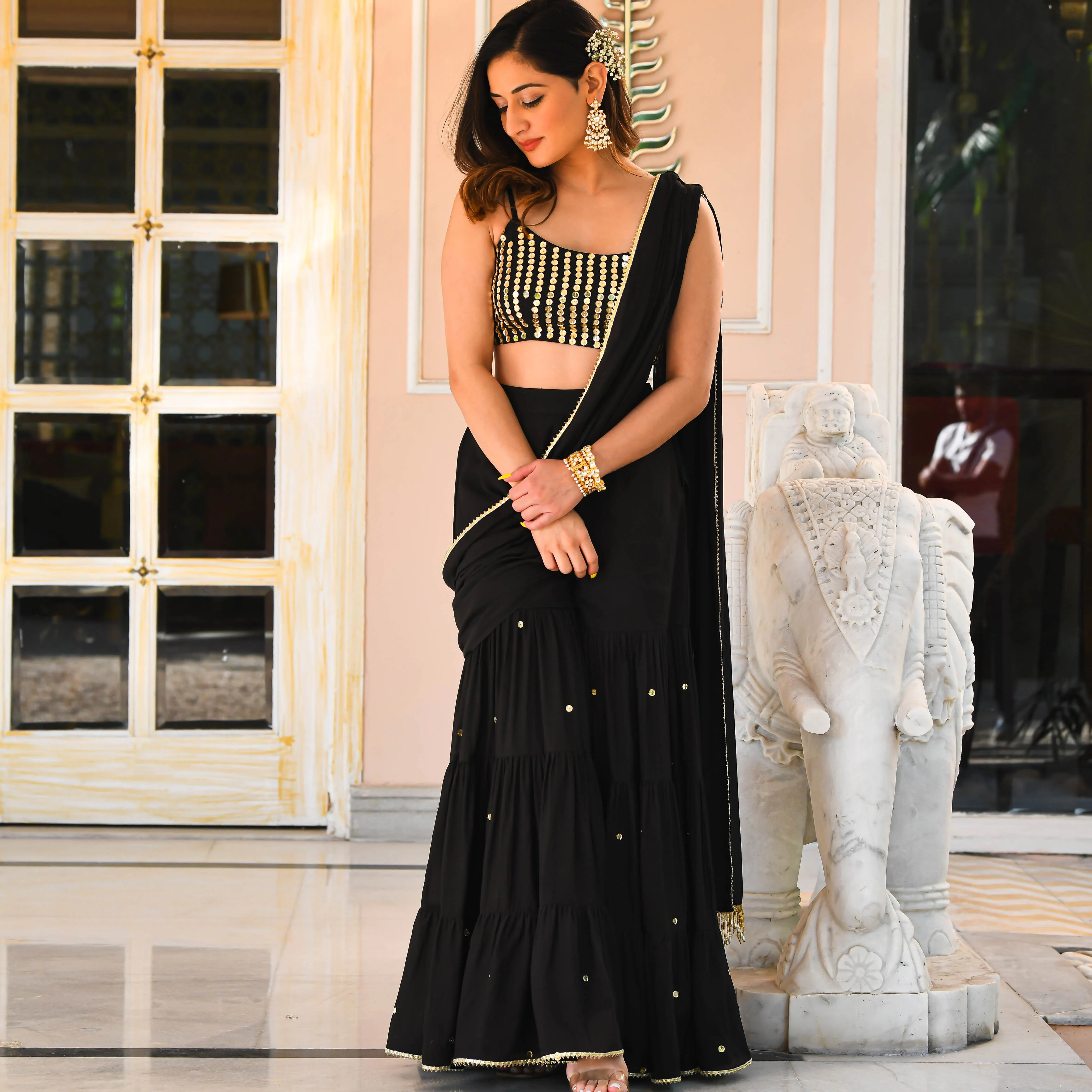 Bunaai Black Draped Saree - Woolfily