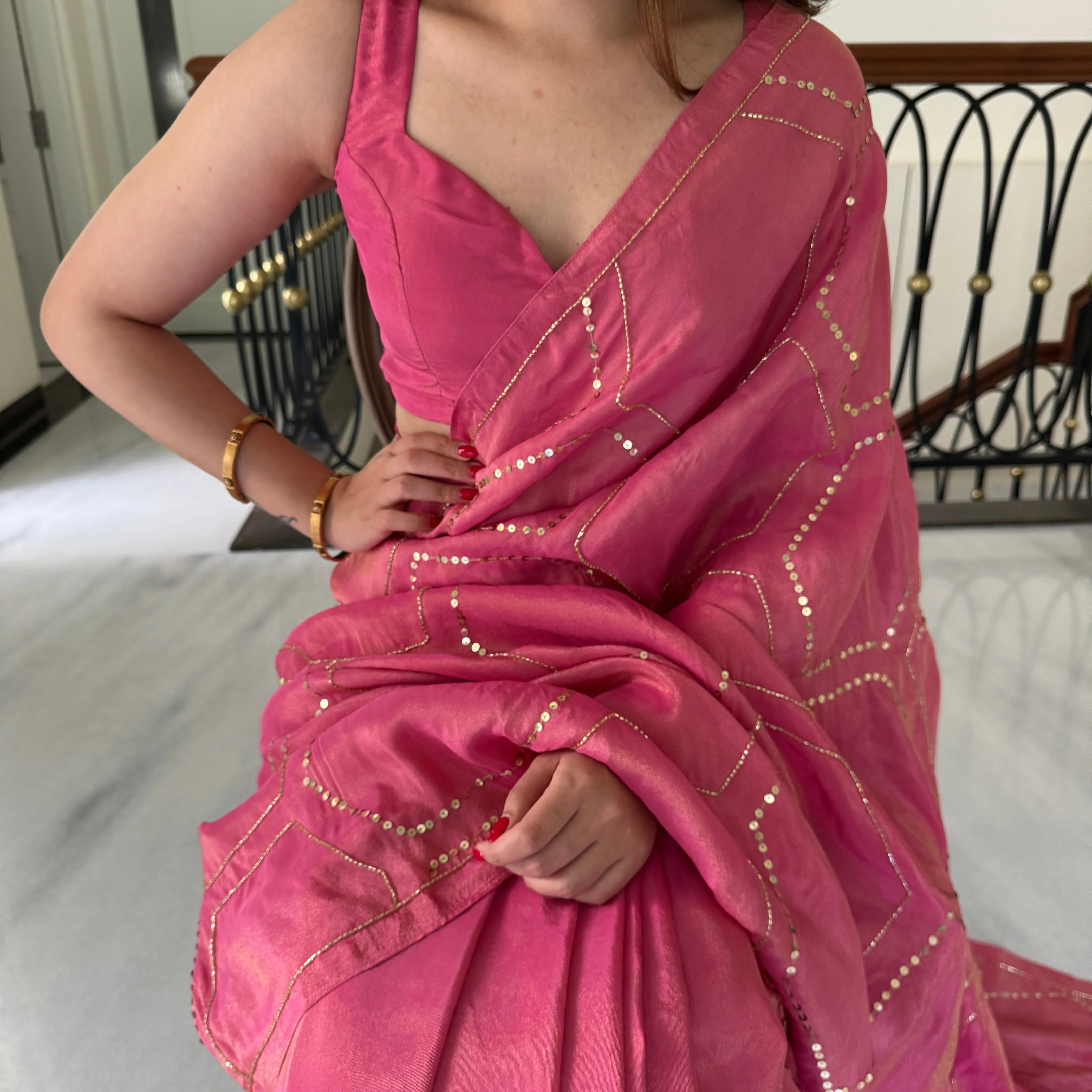 Carrot Pink Tissue Saree - Woolfily