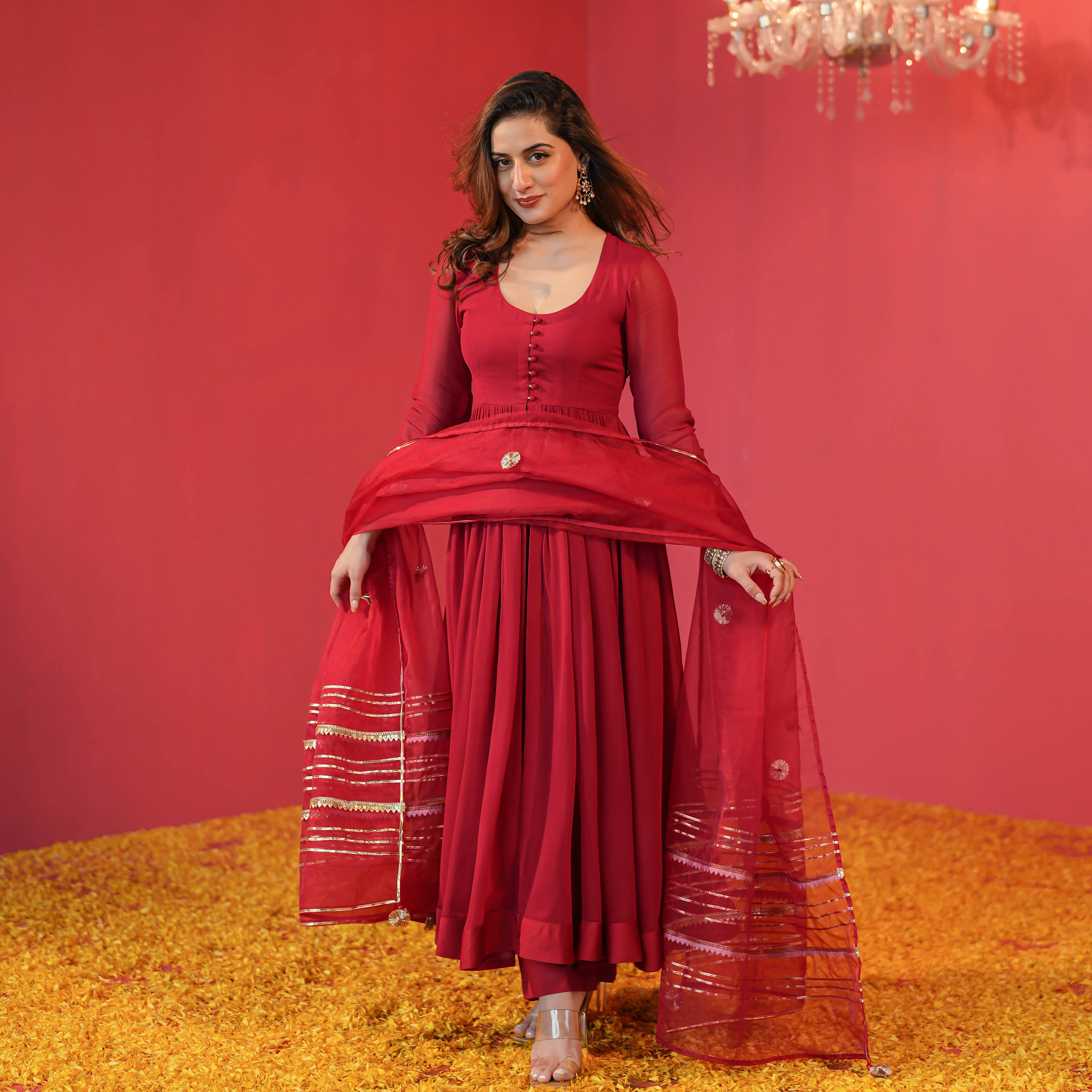 Bunaai Maroon Georgette Suit Set - Woolfily