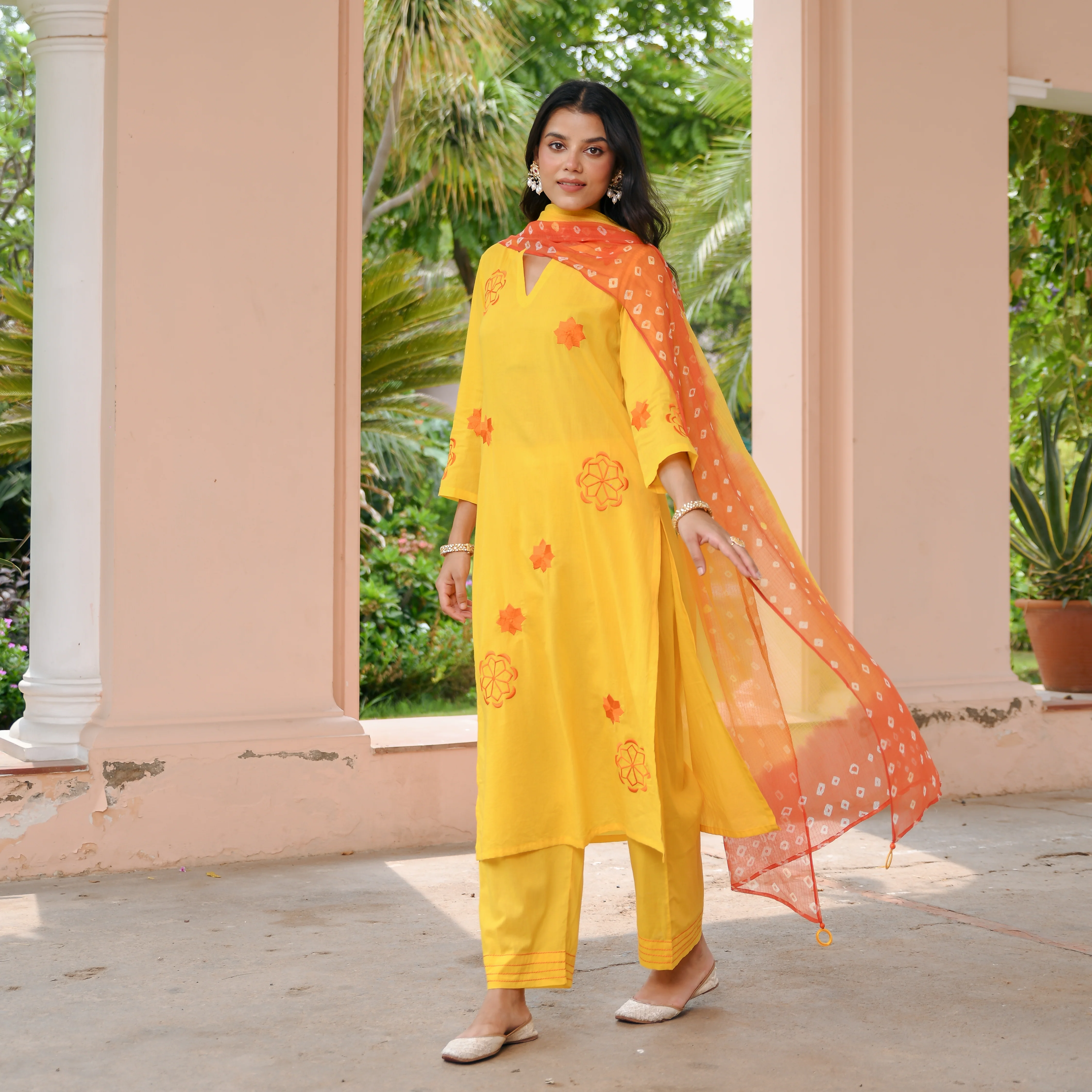 Yellow Bandhej Cotton Suit Set - Woolfily