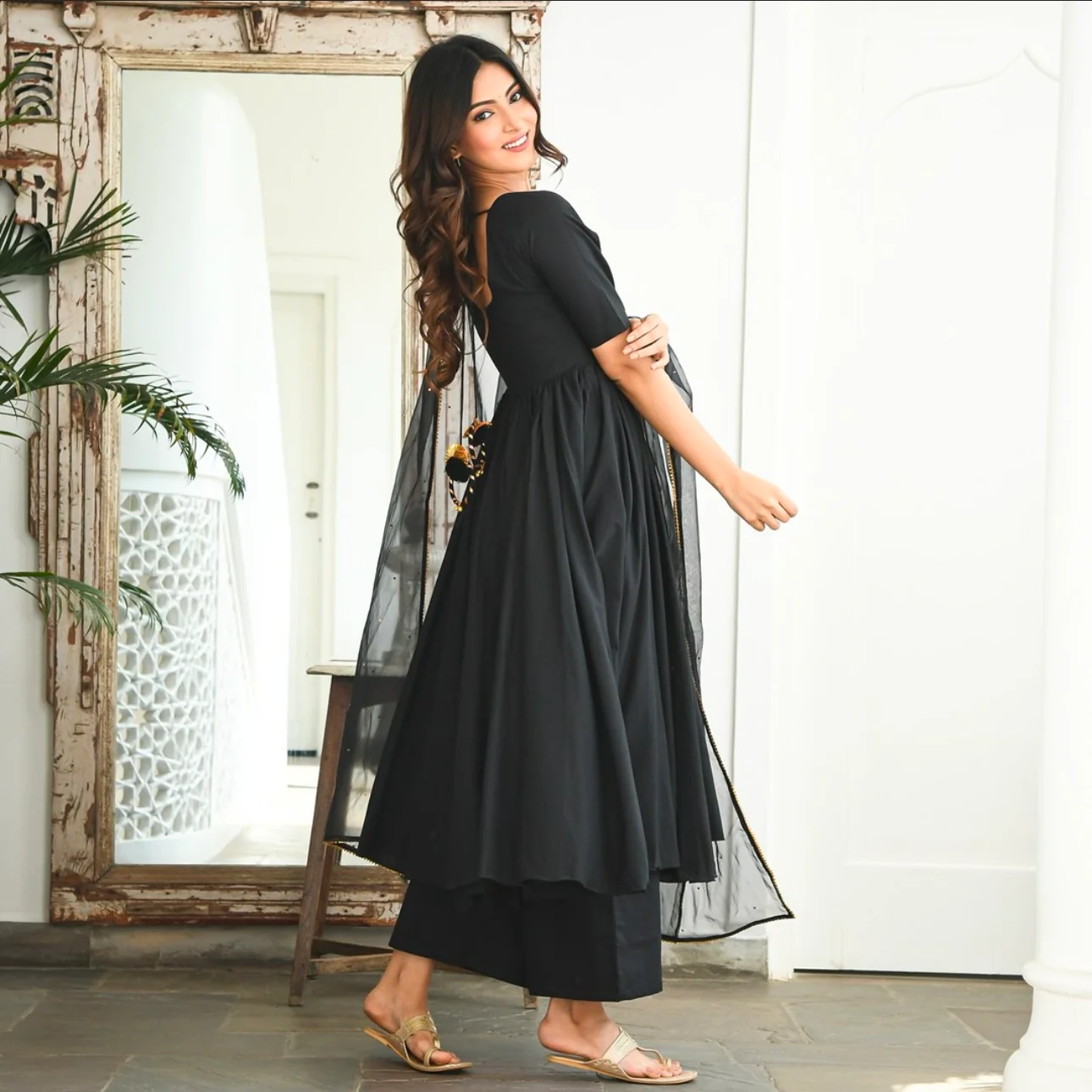 Black Sequin Cotton Suit Set - Woolfily