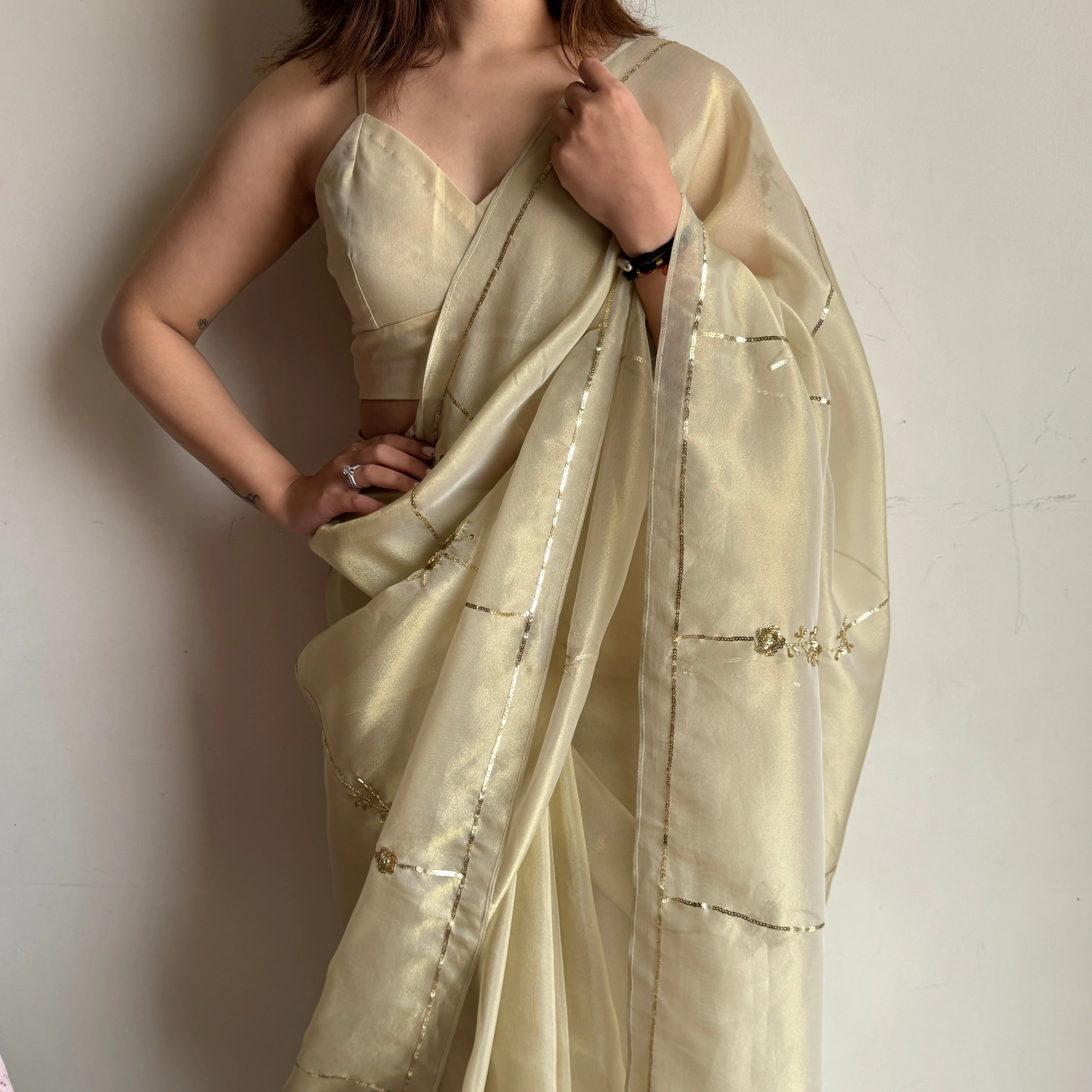 Golden Tissue Saree - Woolfily