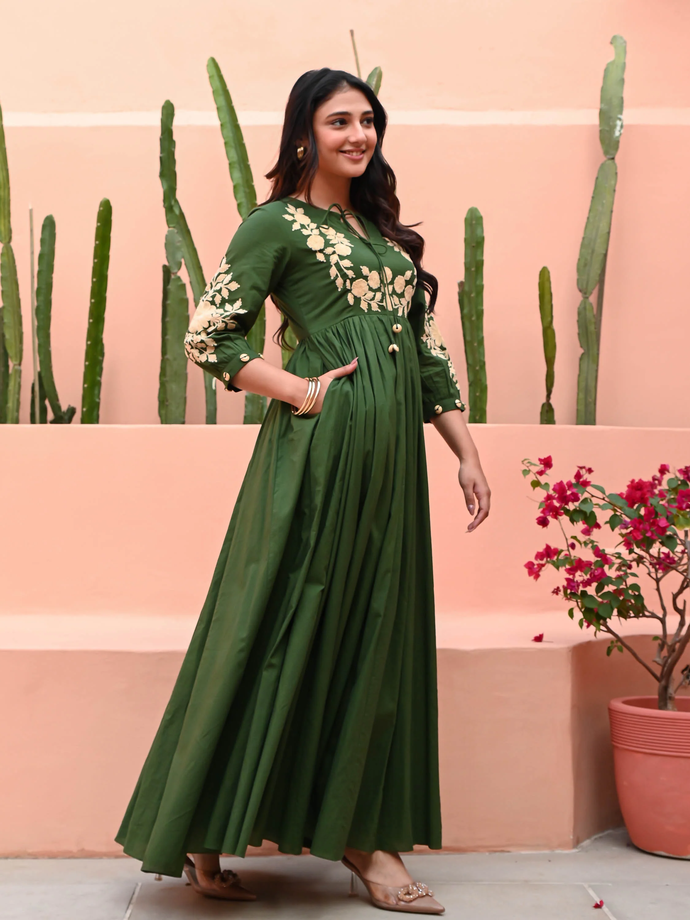 Dark Green Dress with Embroidery - Woolfily