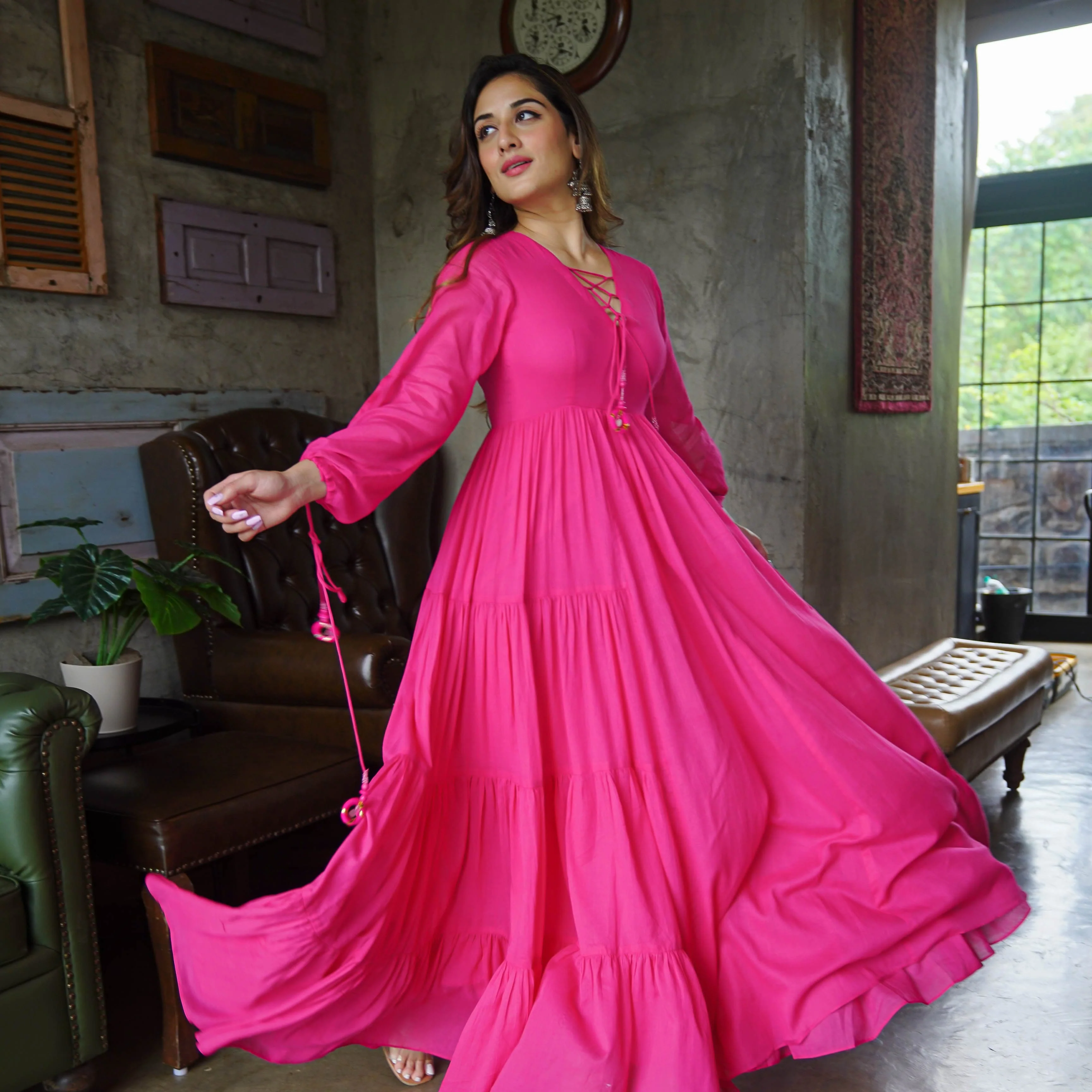 Bunaai Hot Pink Cotton Maxi Dress - Woolfily