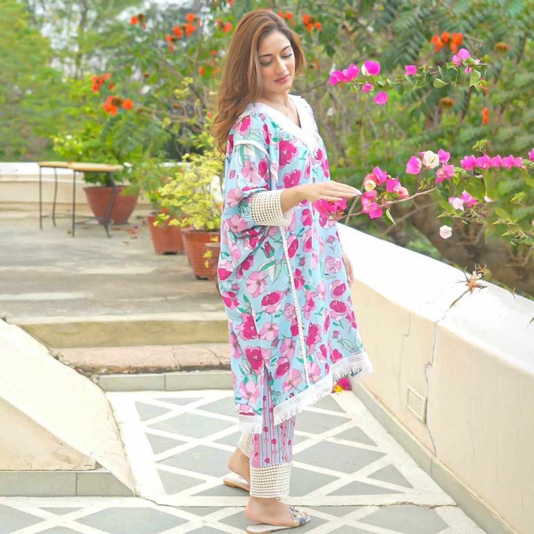 Bunaai Powder Blue Pink Kaftan Set - Woolfily