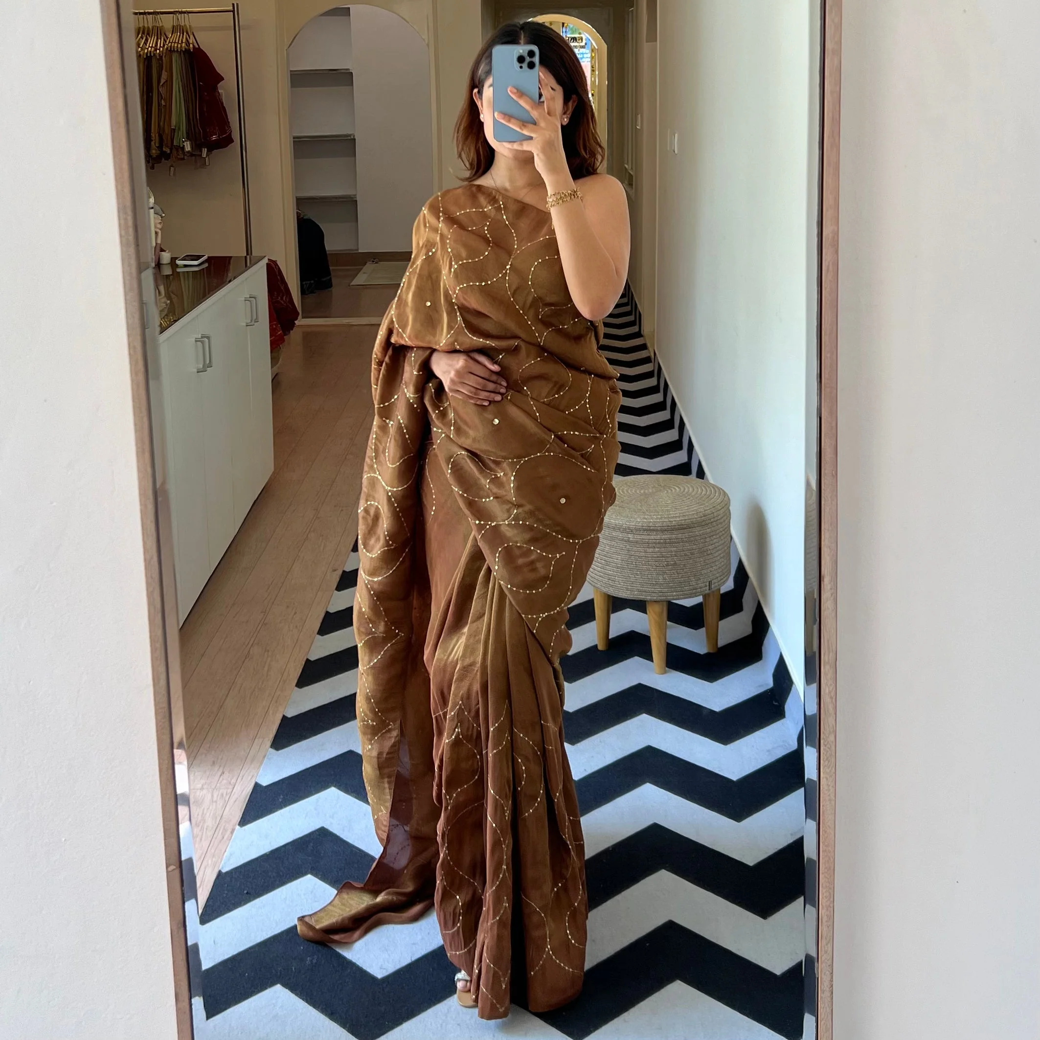 Coffee Caramel Tissue Saree - Woolfily