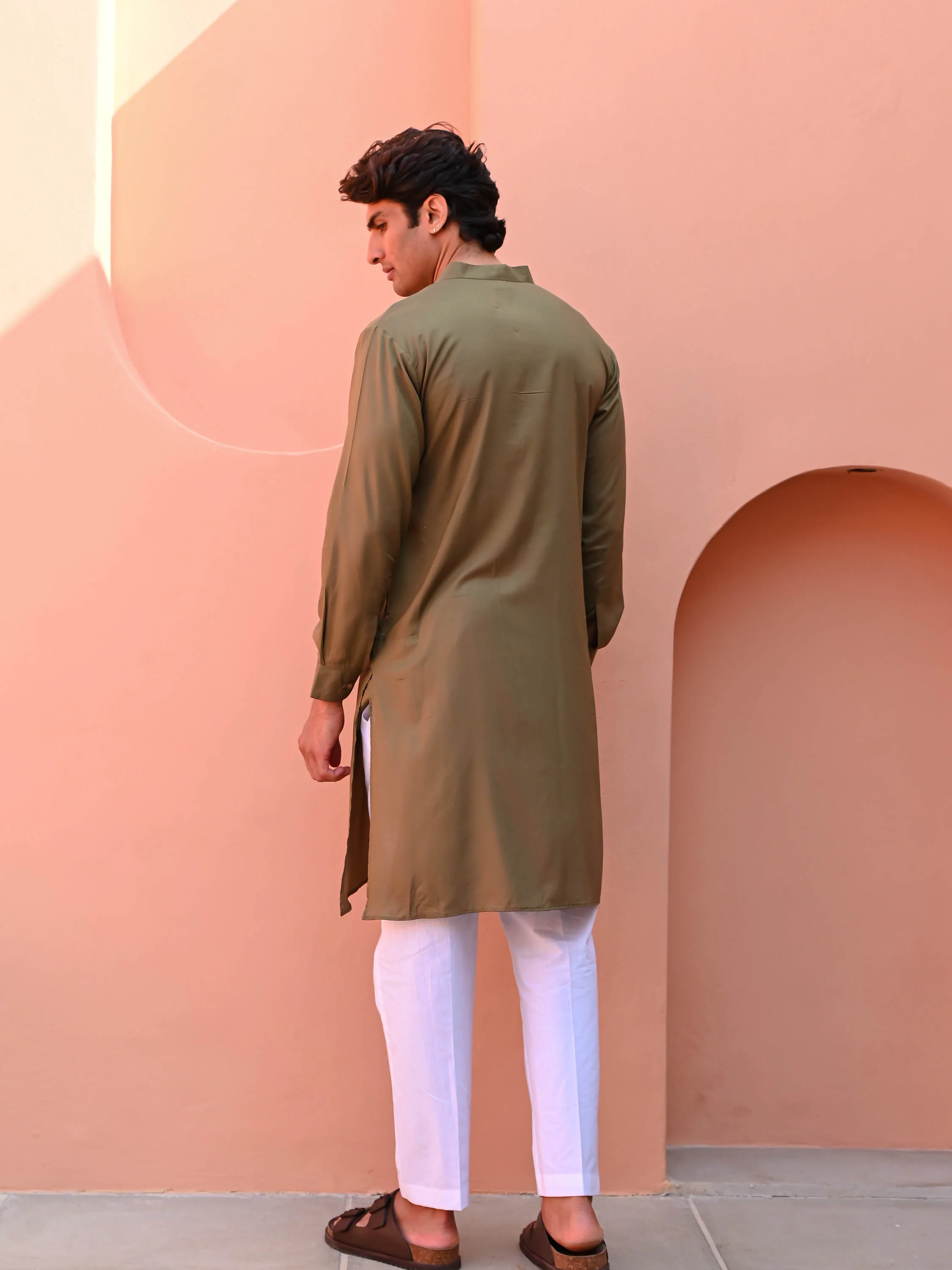 Dark Olive Men Long Kurta - Woolfily