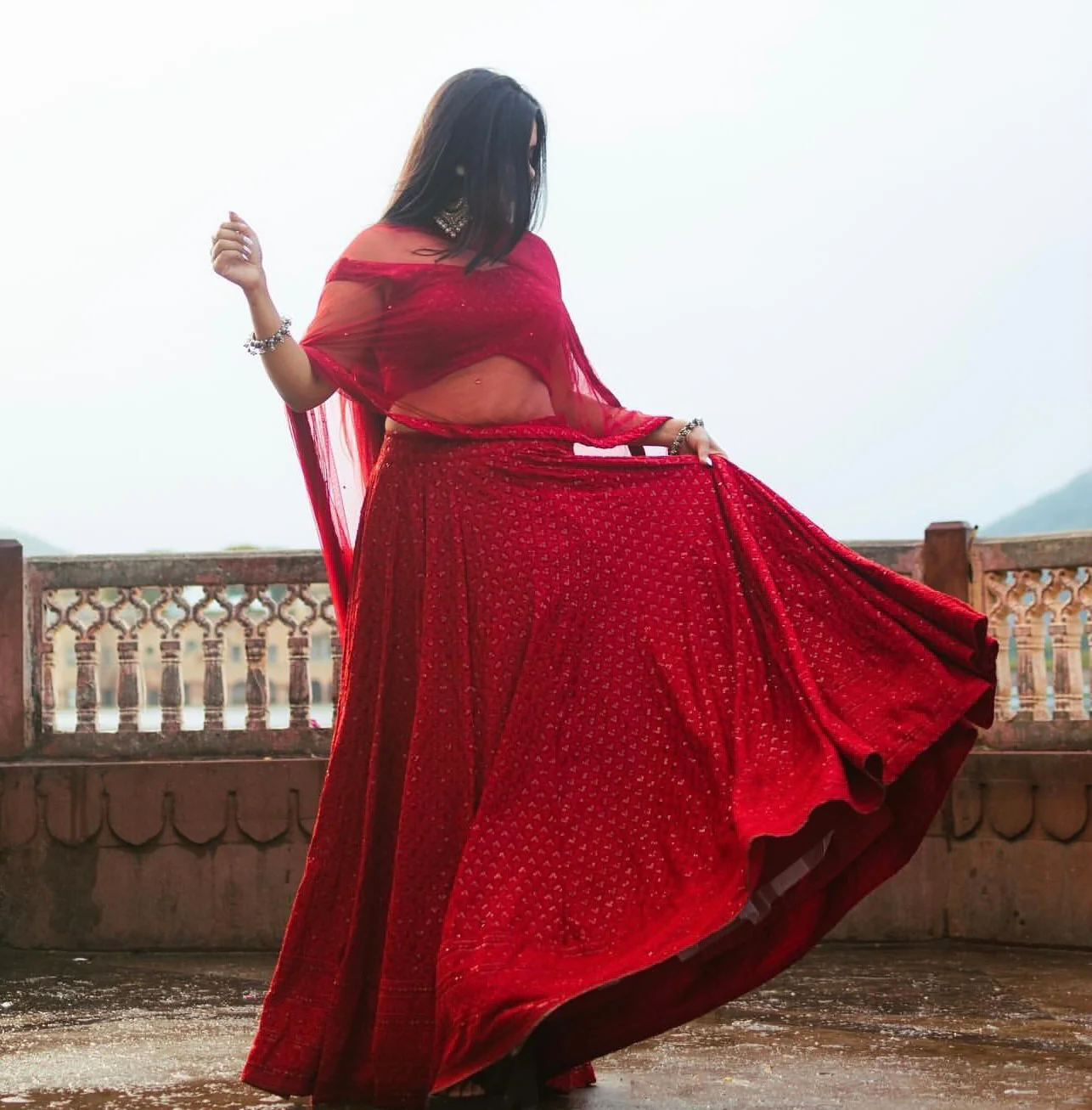 Bunaai Maroon Chikankari Lehenga Set - Woolfily