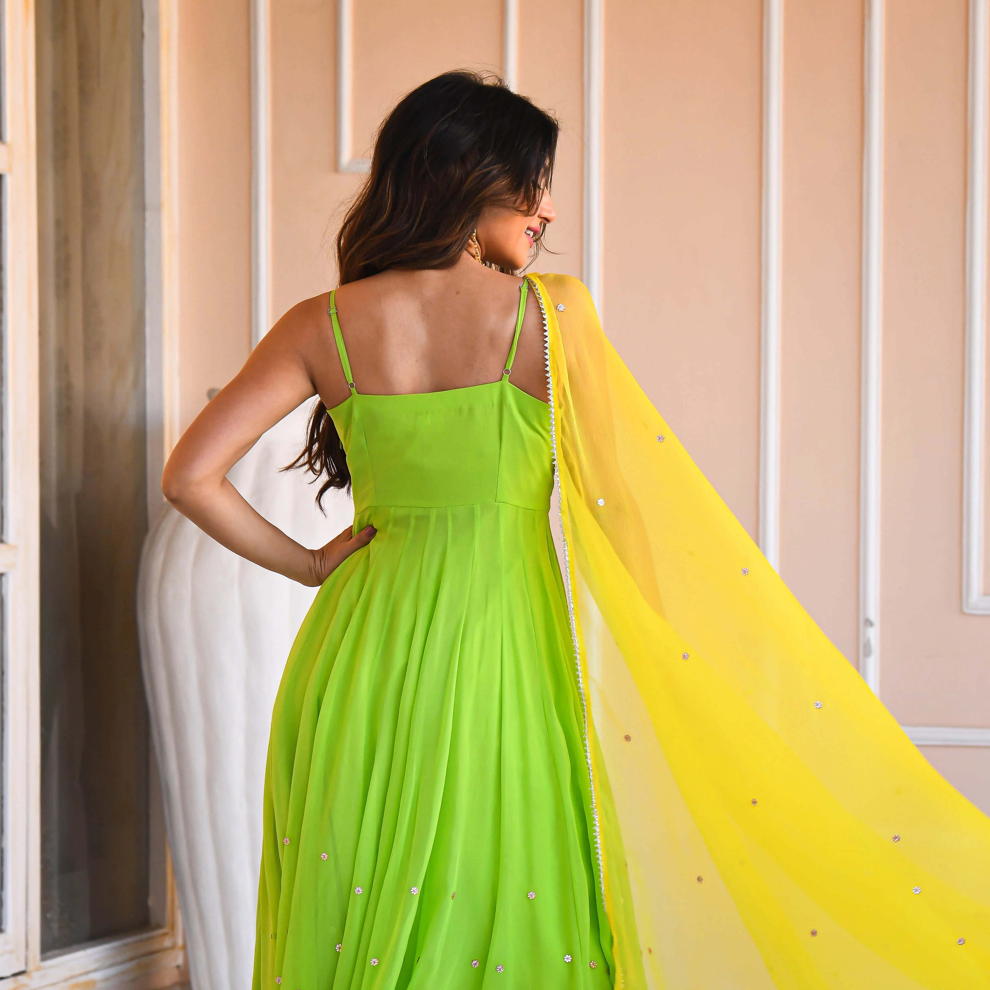 Bunaai Yellow Green Mirror Work Suit Set - Woolfily