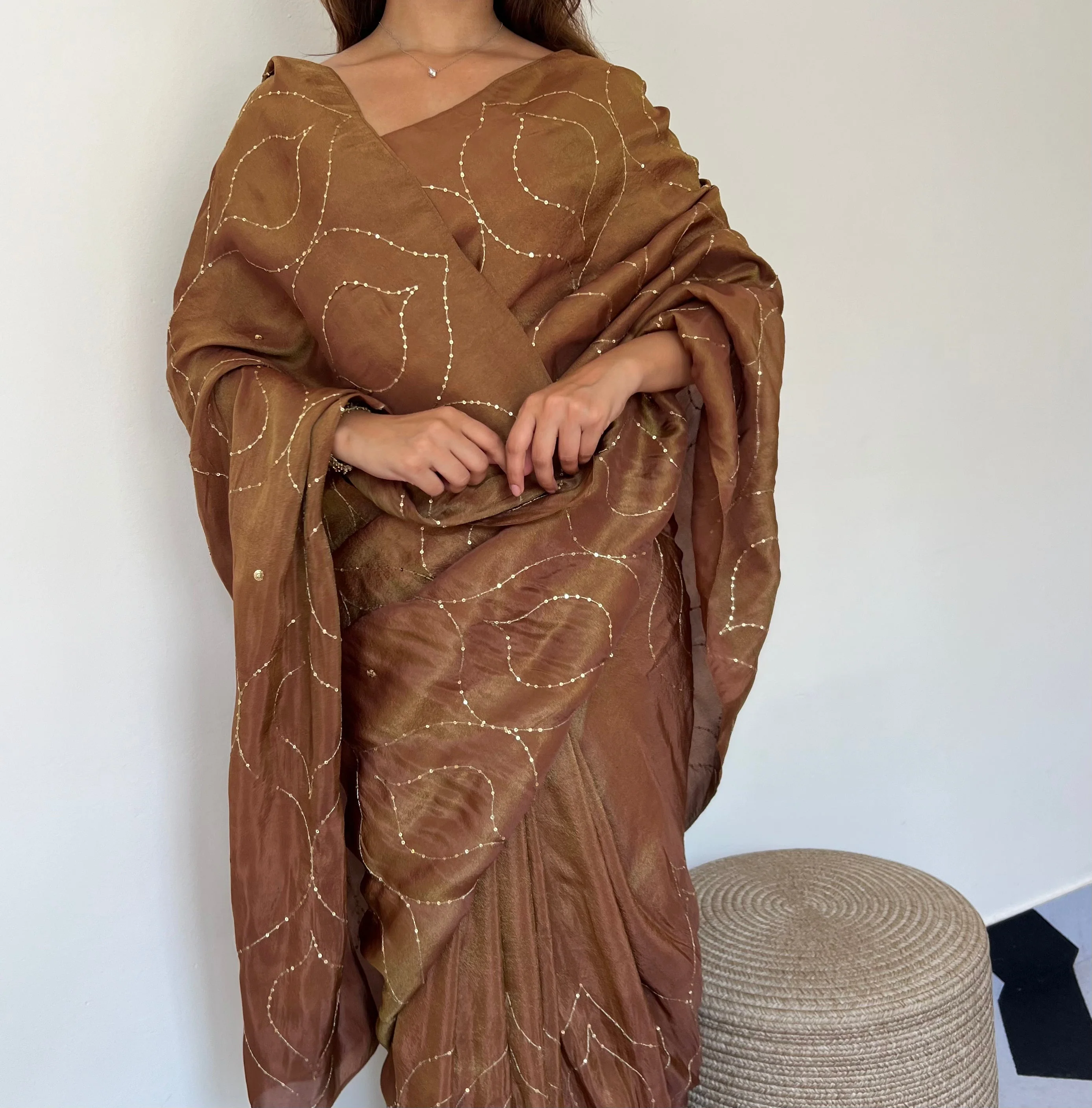 Coffee Caramel Tissue Saree - Woolfily