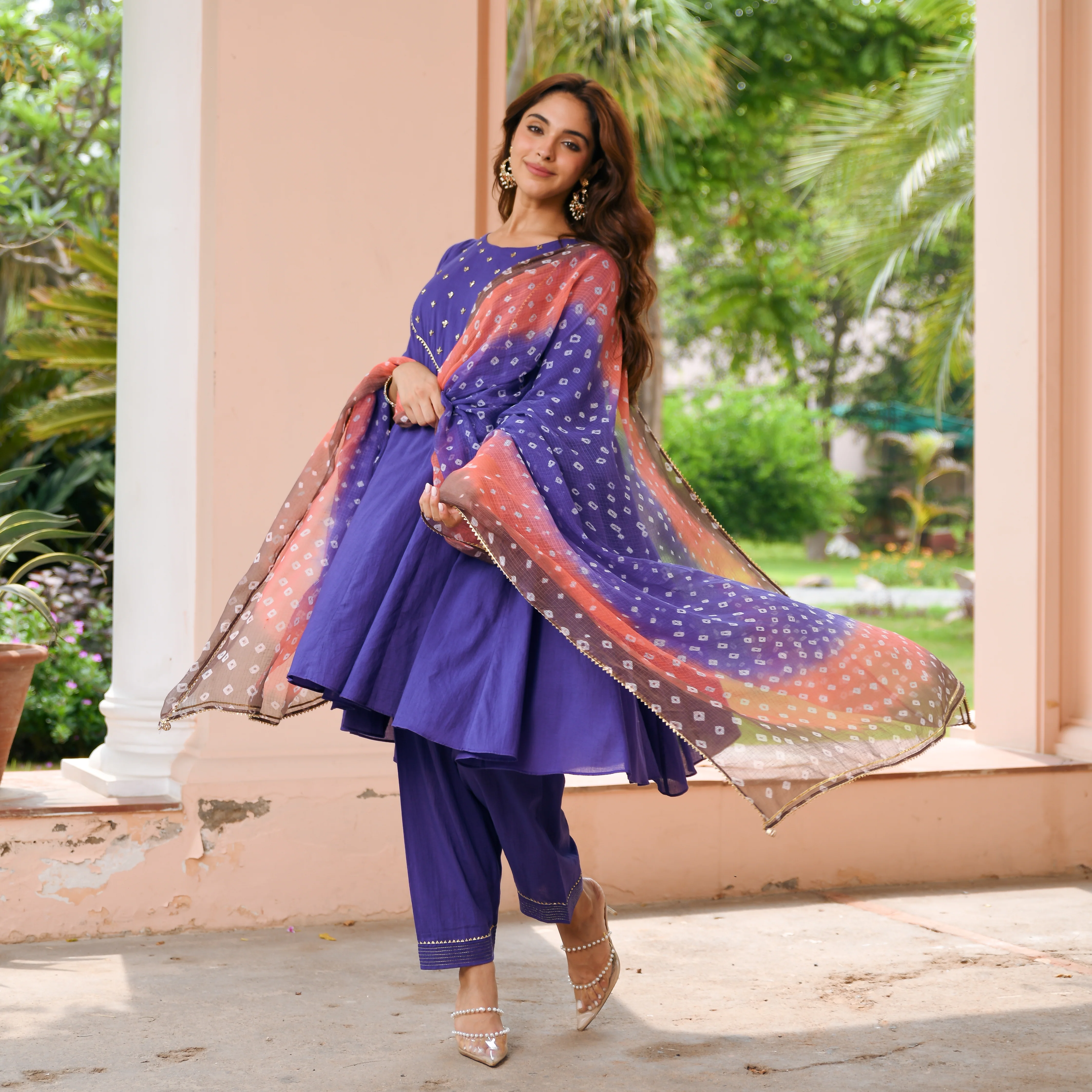 Purple Bandhej Cotton Suit Set - Woolfily