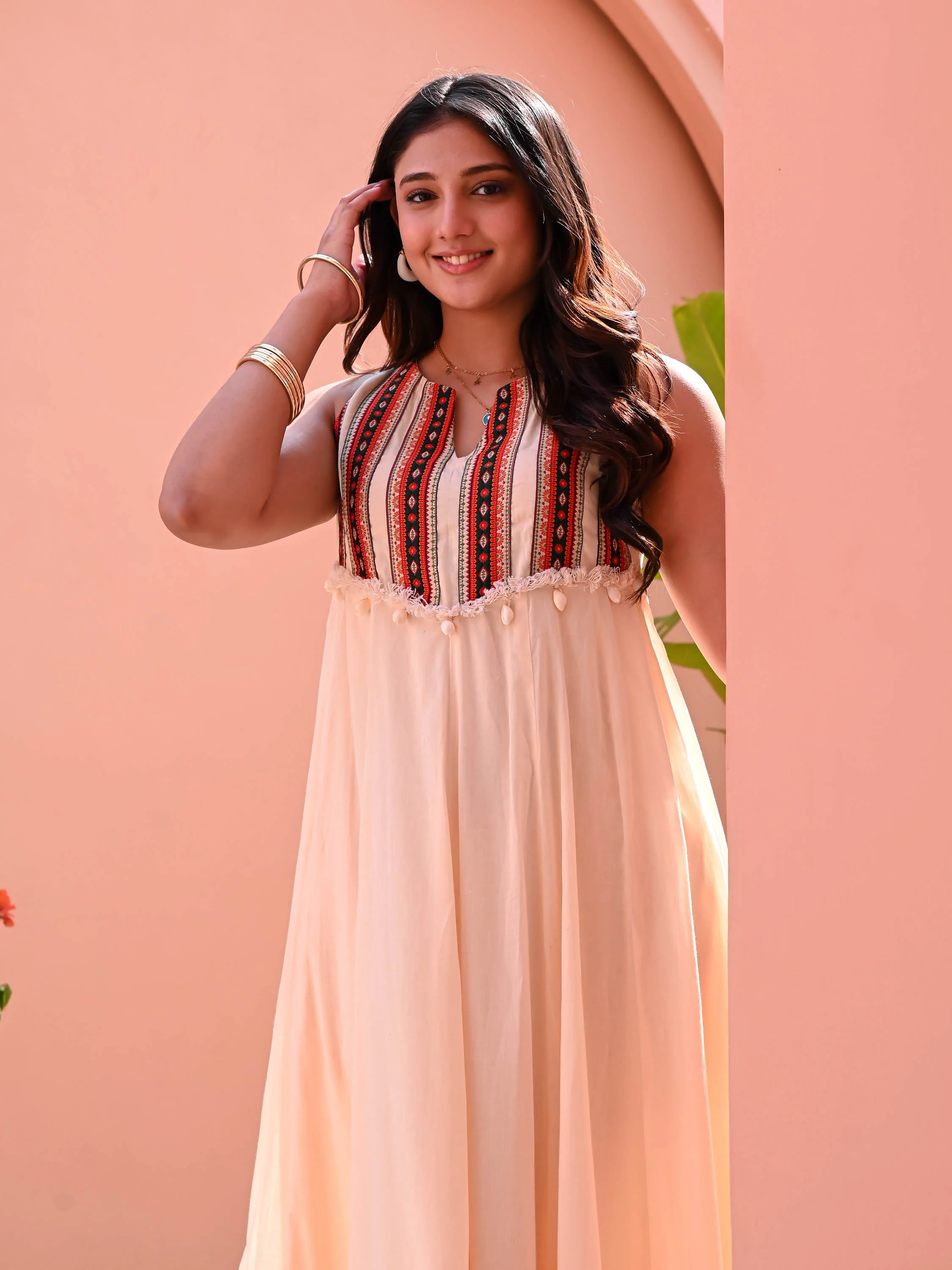 Beige Cotton Dress with Neck Detail - Woolfily