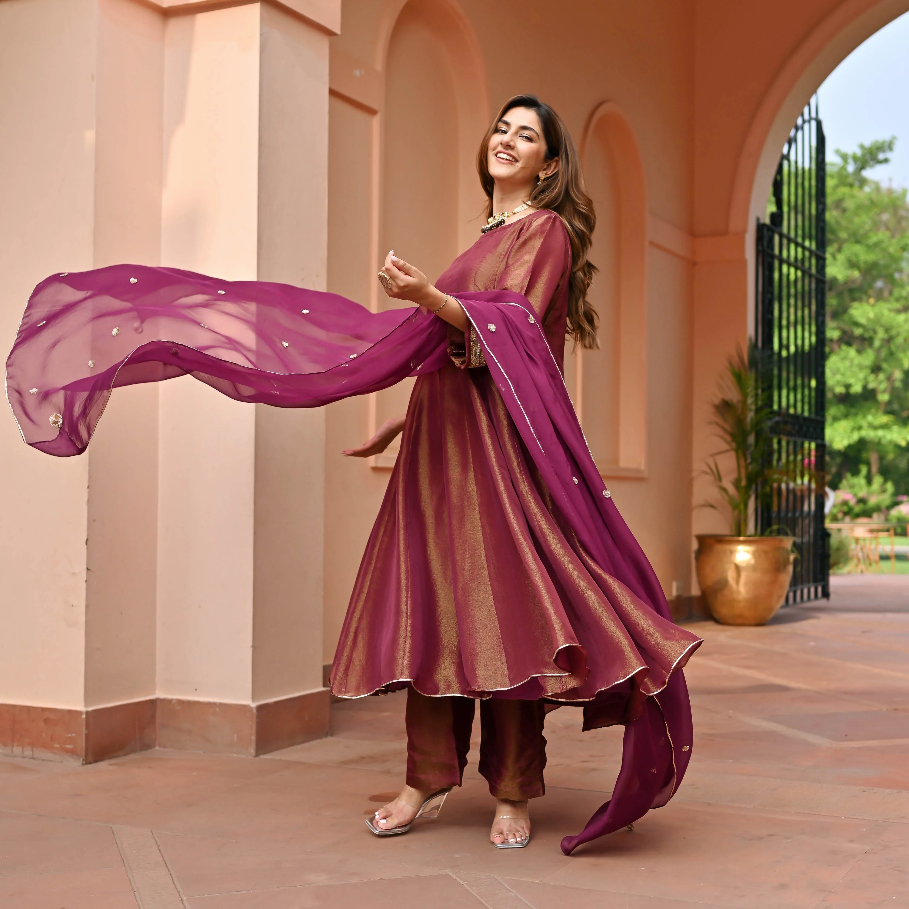 Maroon Tissue Silk Suit Set - Woolfily