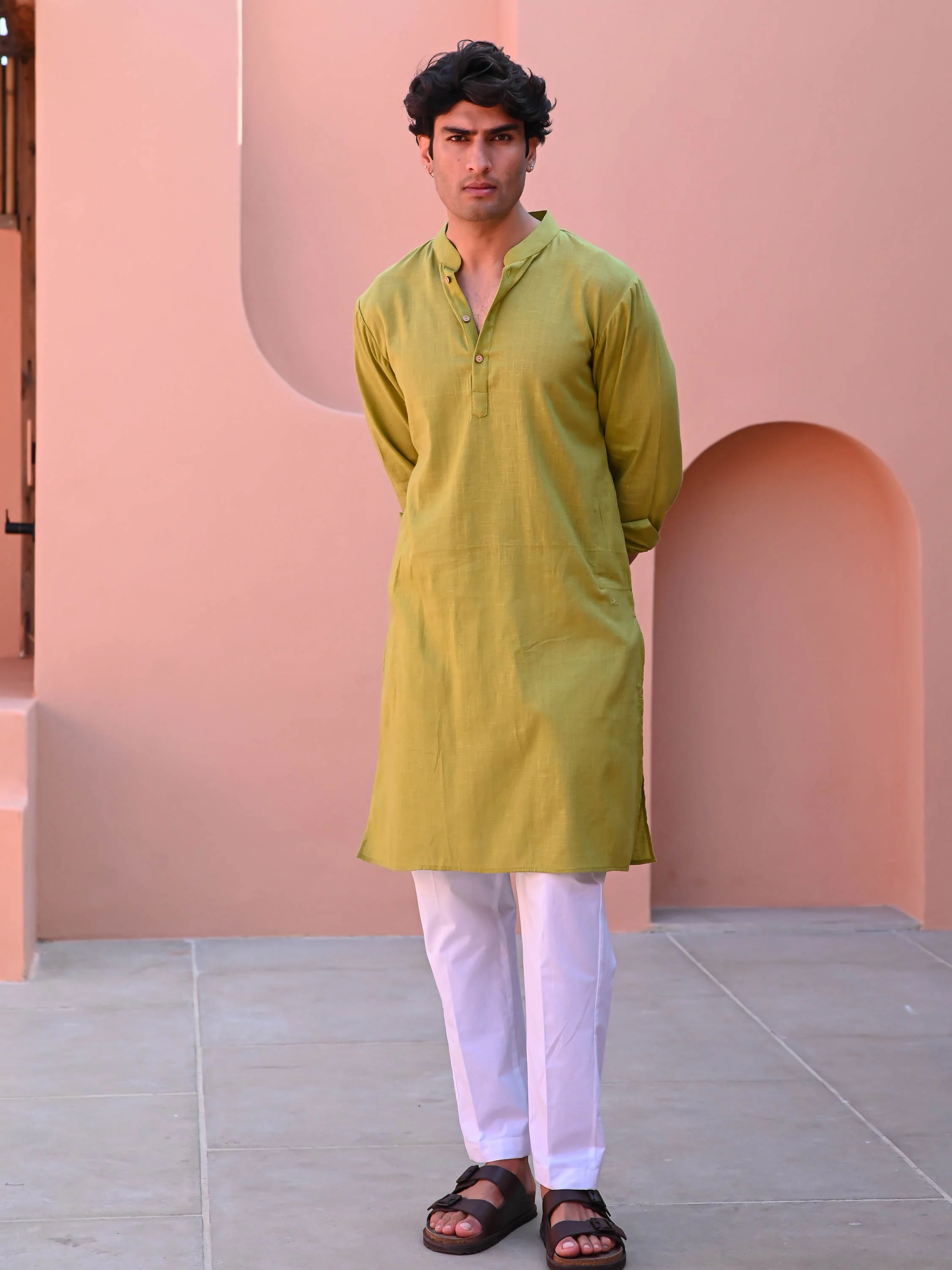 Ligh Olive Men Long Kurta - Woolfily