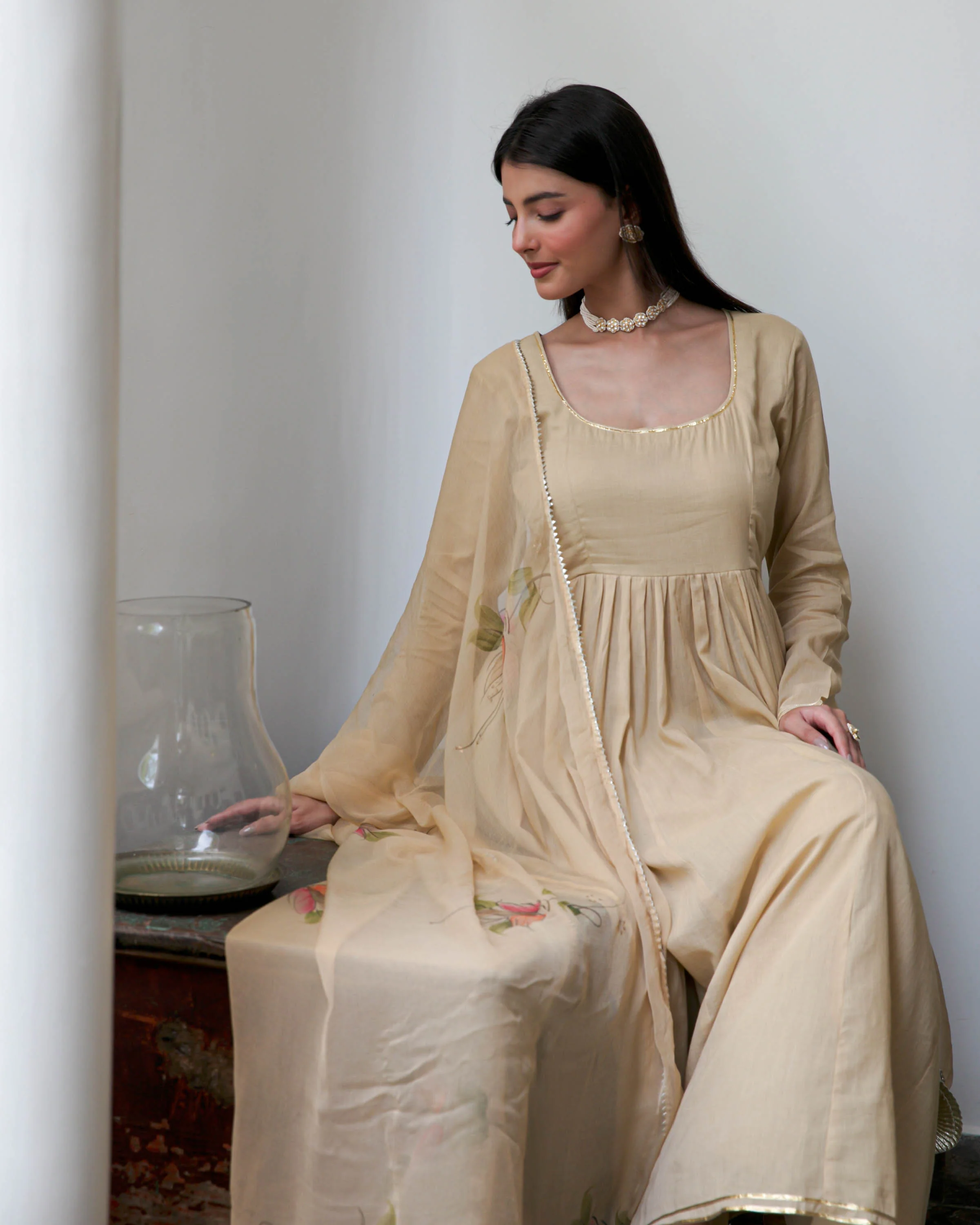 Beige Suit Set with Handpainted Dupatta - Woolfily