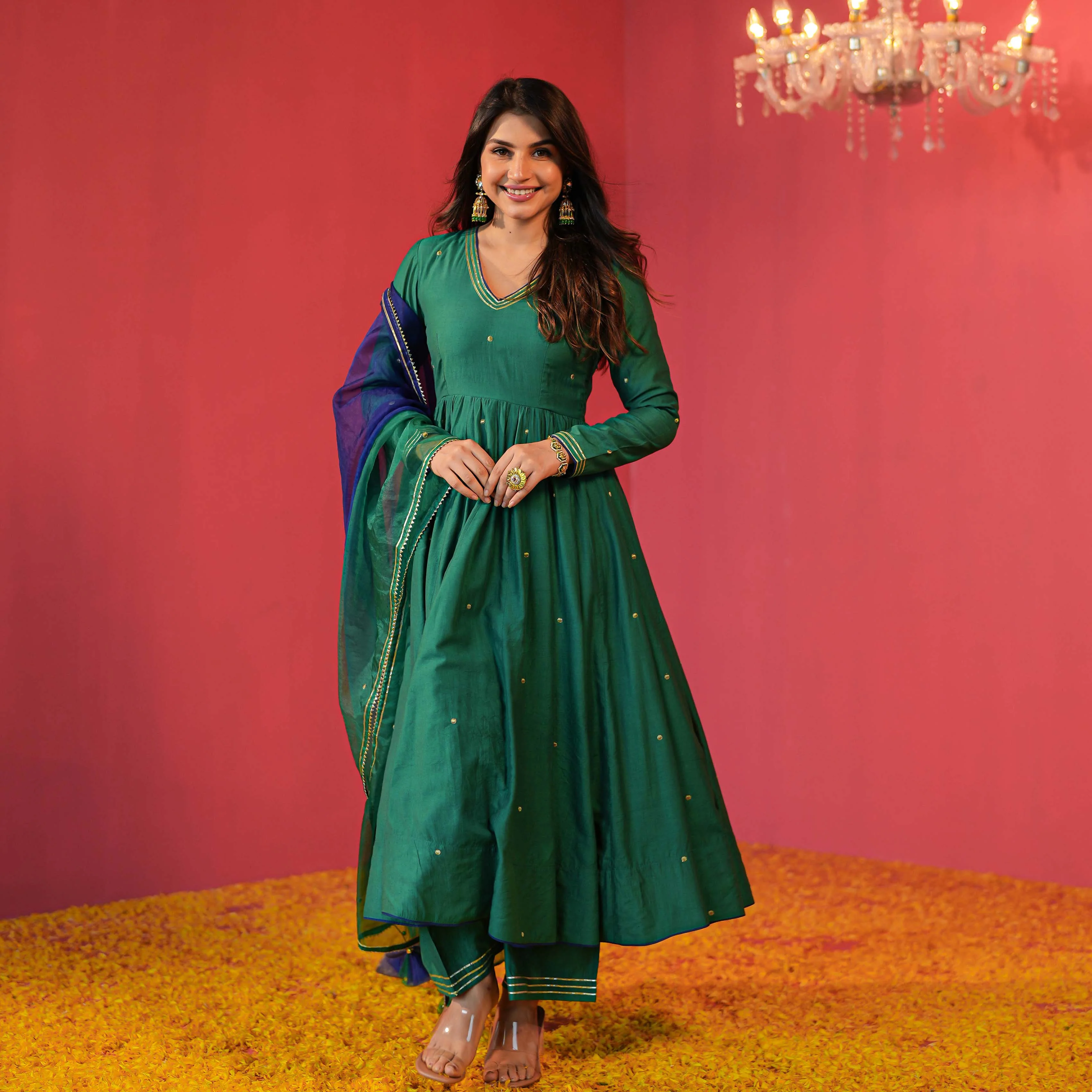 Green Chanderi Suit with Organza Dupatta - Woolfily