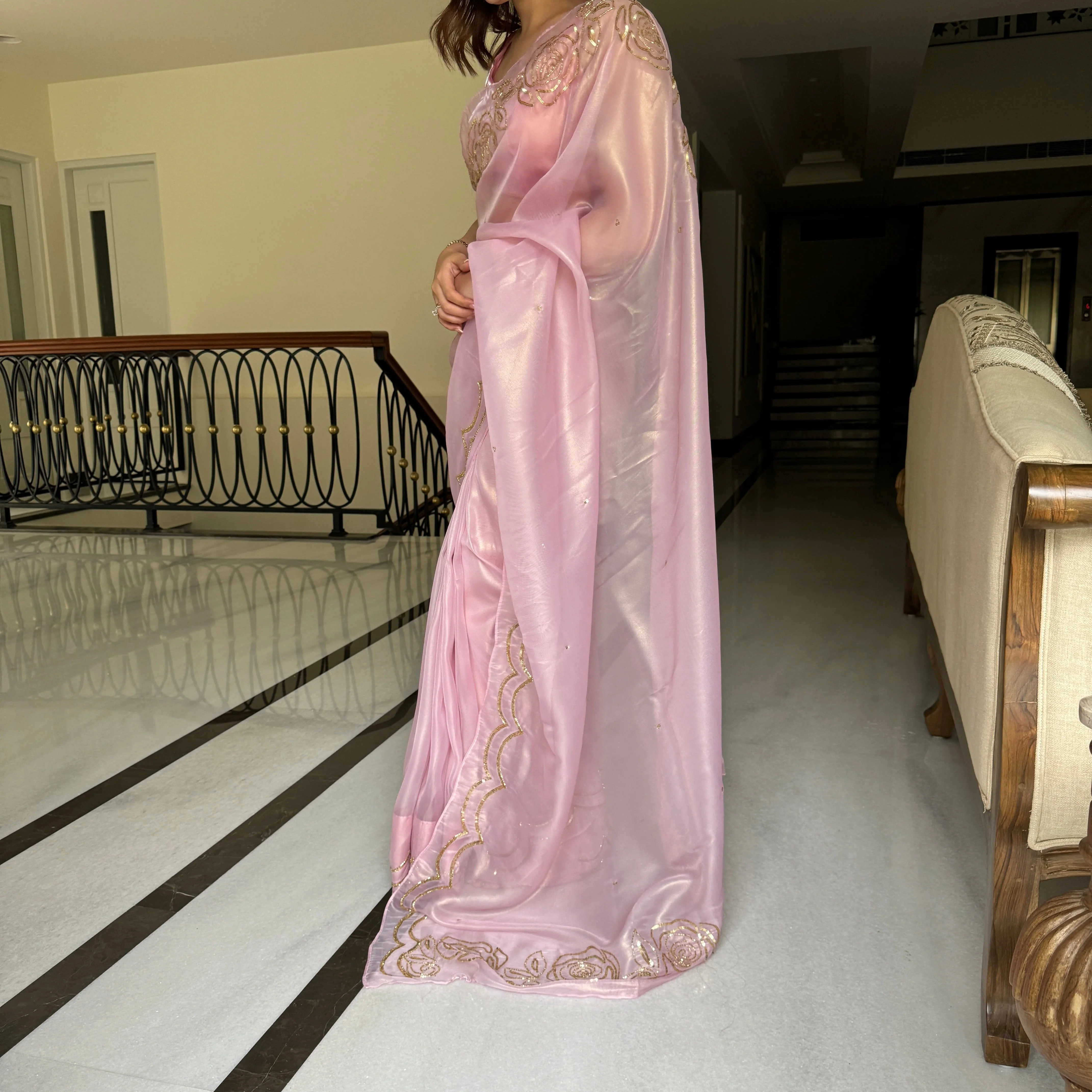 Rosy Pink Tissue Saree - Woolfily