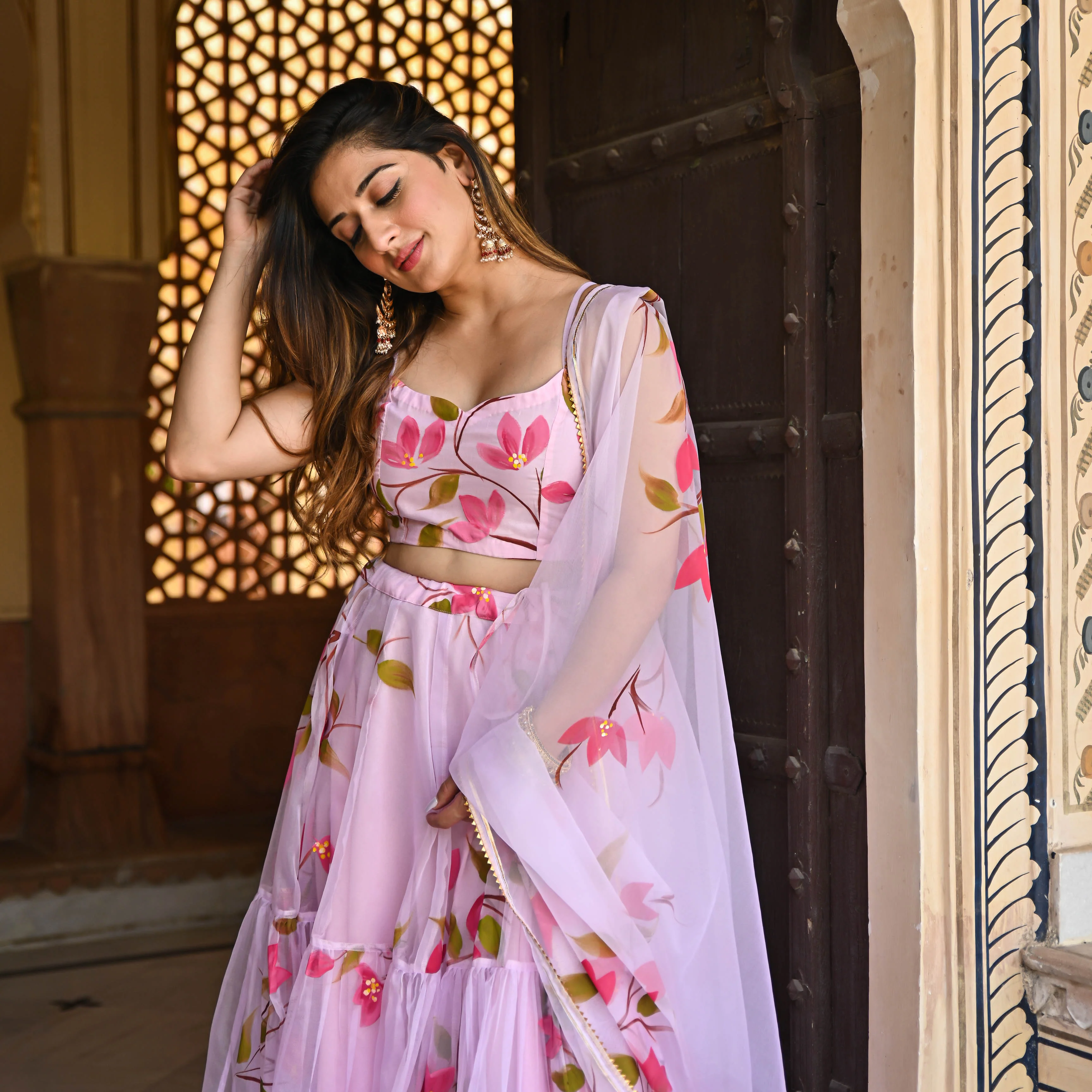 Bunaai Baby Pink Handpainted Lehenga Set - Woolfily