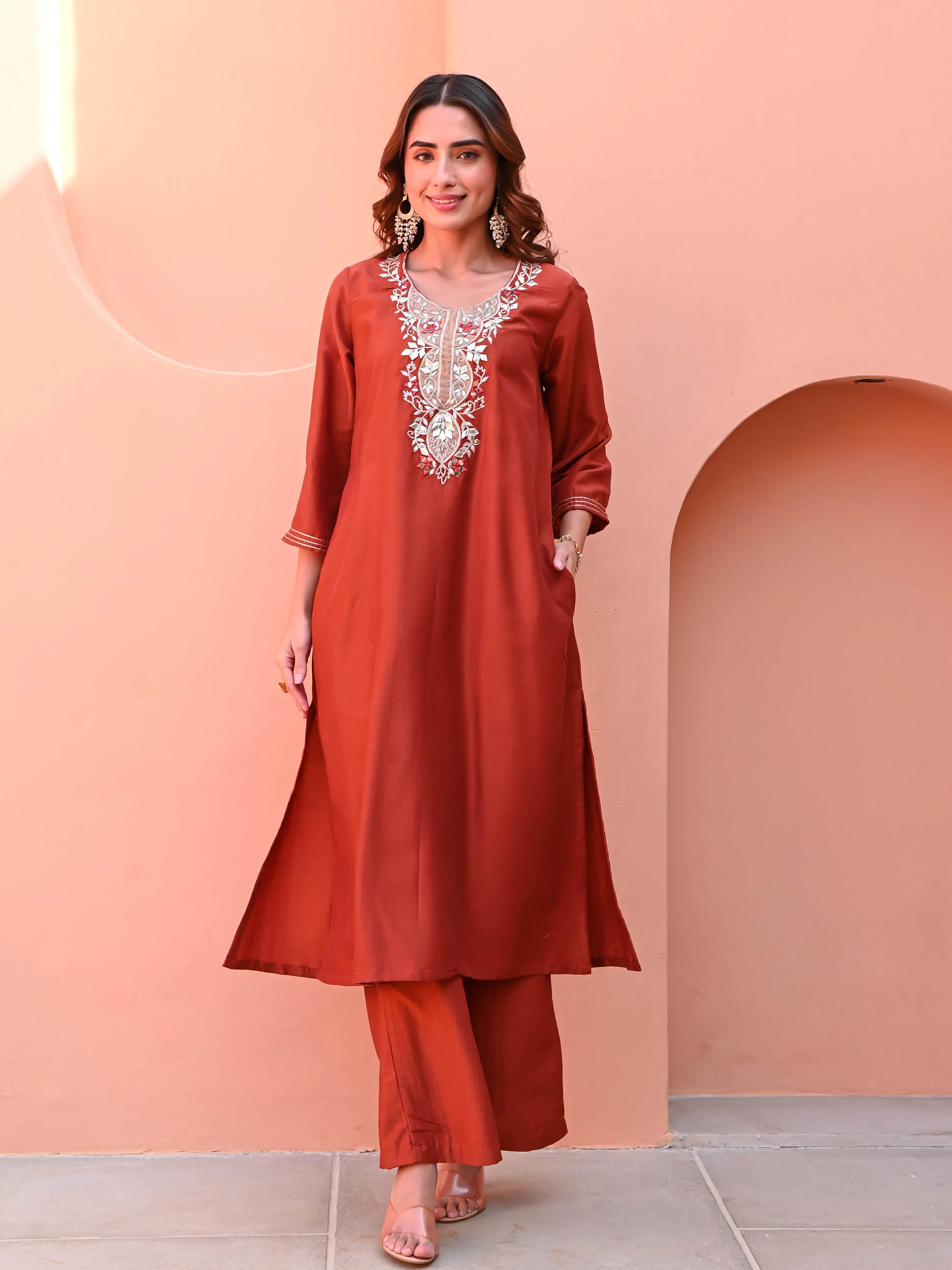 Burnt Orange Silk Kurta Set - Woolfily